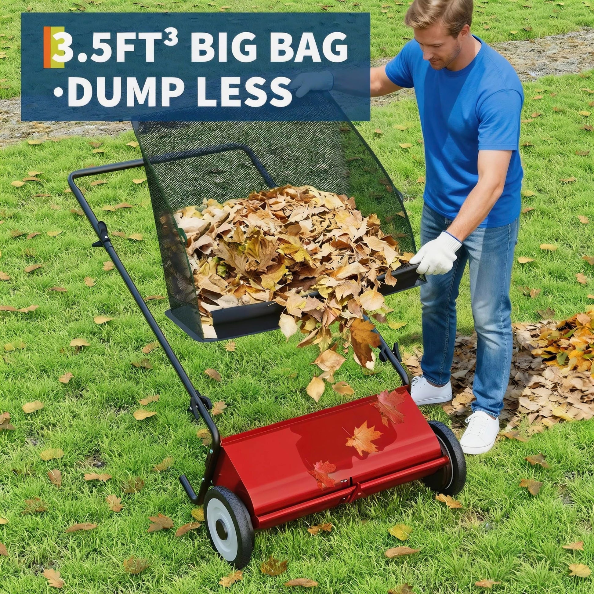 Garvee Push Lawn Sweeper 21-Inch Width, Enhanced 4-Brush System, Heavy Duty Steel Frame, Yard And Garden Cleanup, Red