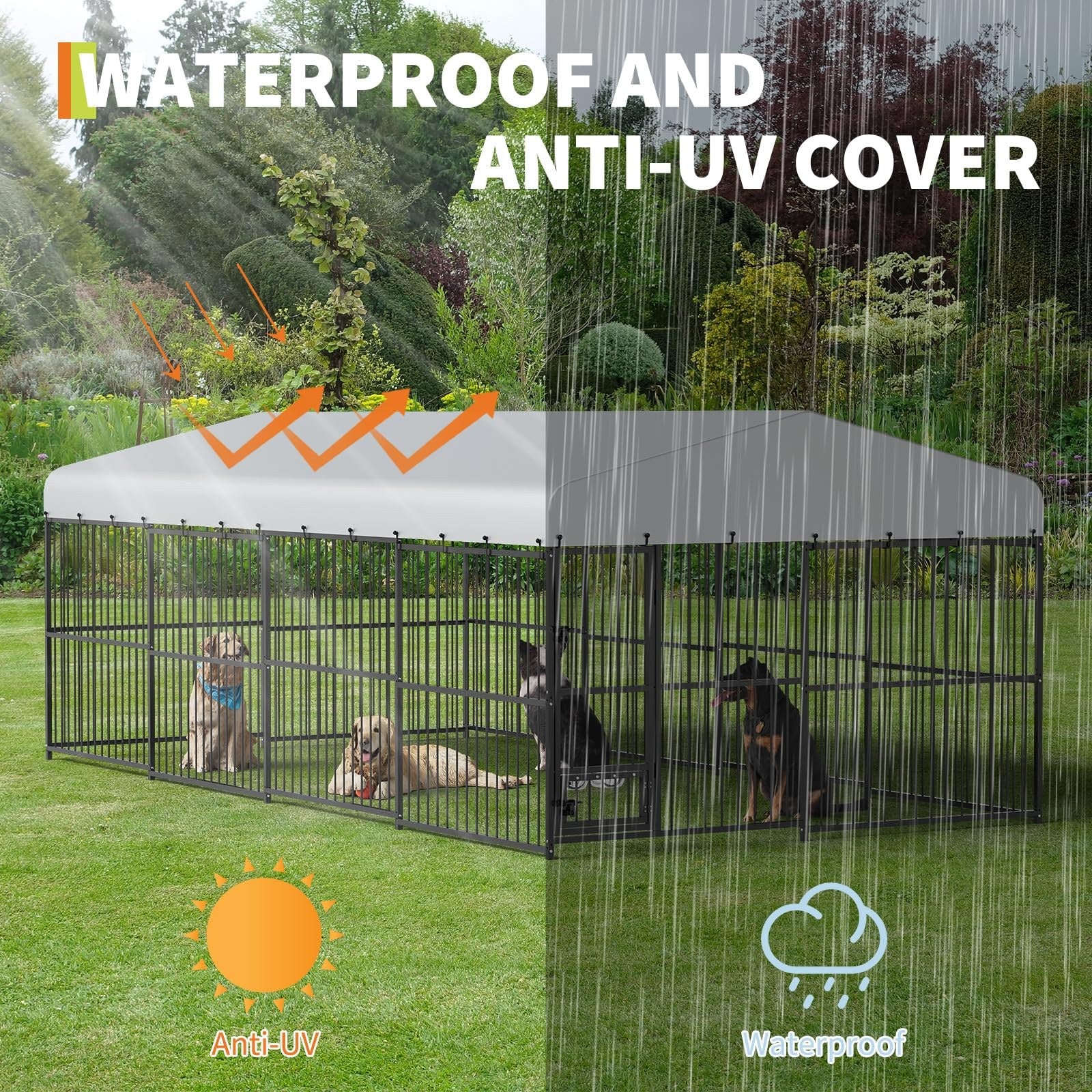 Garvee Outdoor Dog Kennel with Waterproof Canopy Large Dog Enclosures for Garden Backyard Courtyard 10×20×6FT