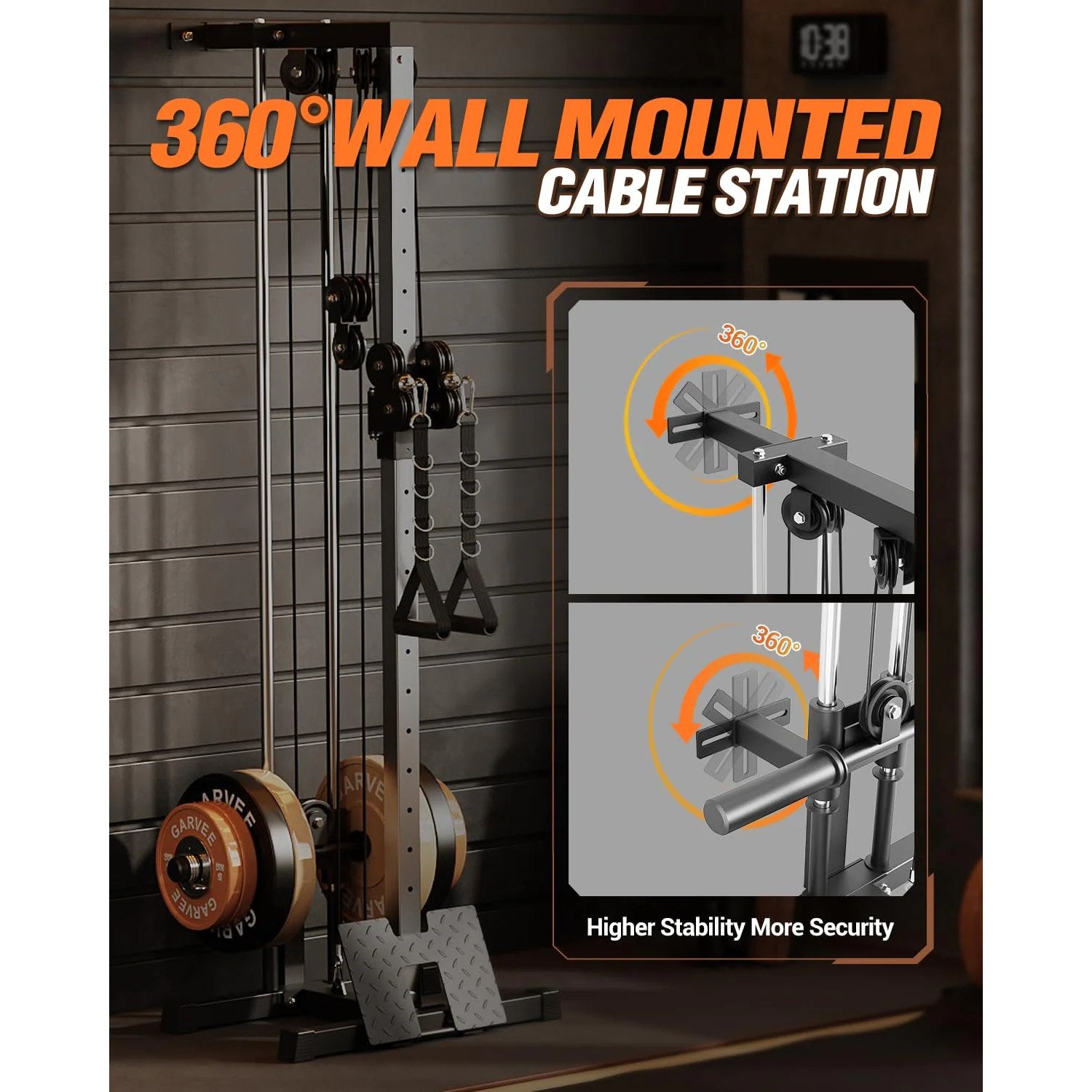 Garvee Wall Mount Cable Machine with 19 Positions Dual Pulley System, Adjustable Footplate for Home Gym, 27.2"x18.1"x81.9", Black