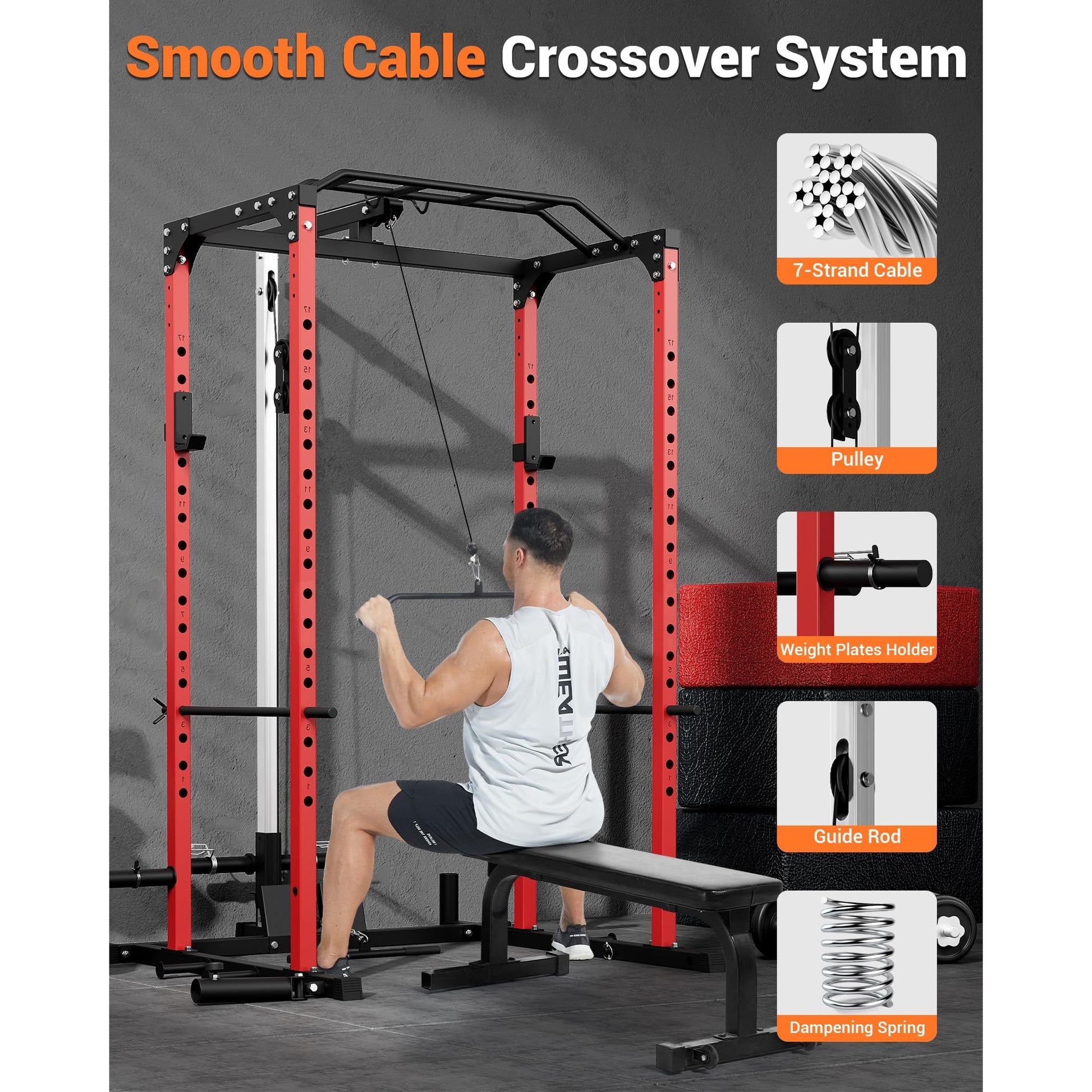 Garvee Power Cage Squat Rack with LAT Pulldown and Low Row for Home Gym, 1200LBS Capacity, Black