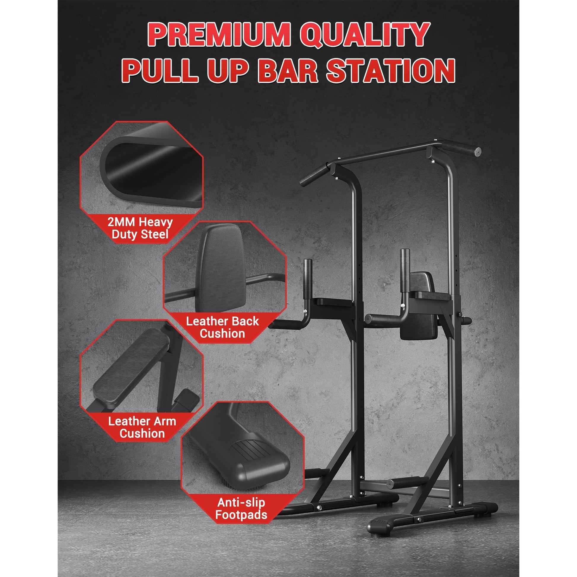 Garvee Pull Up Bar Free Standing Workout Equipment Power Tower Dip Station Home Gym 450LBS Black