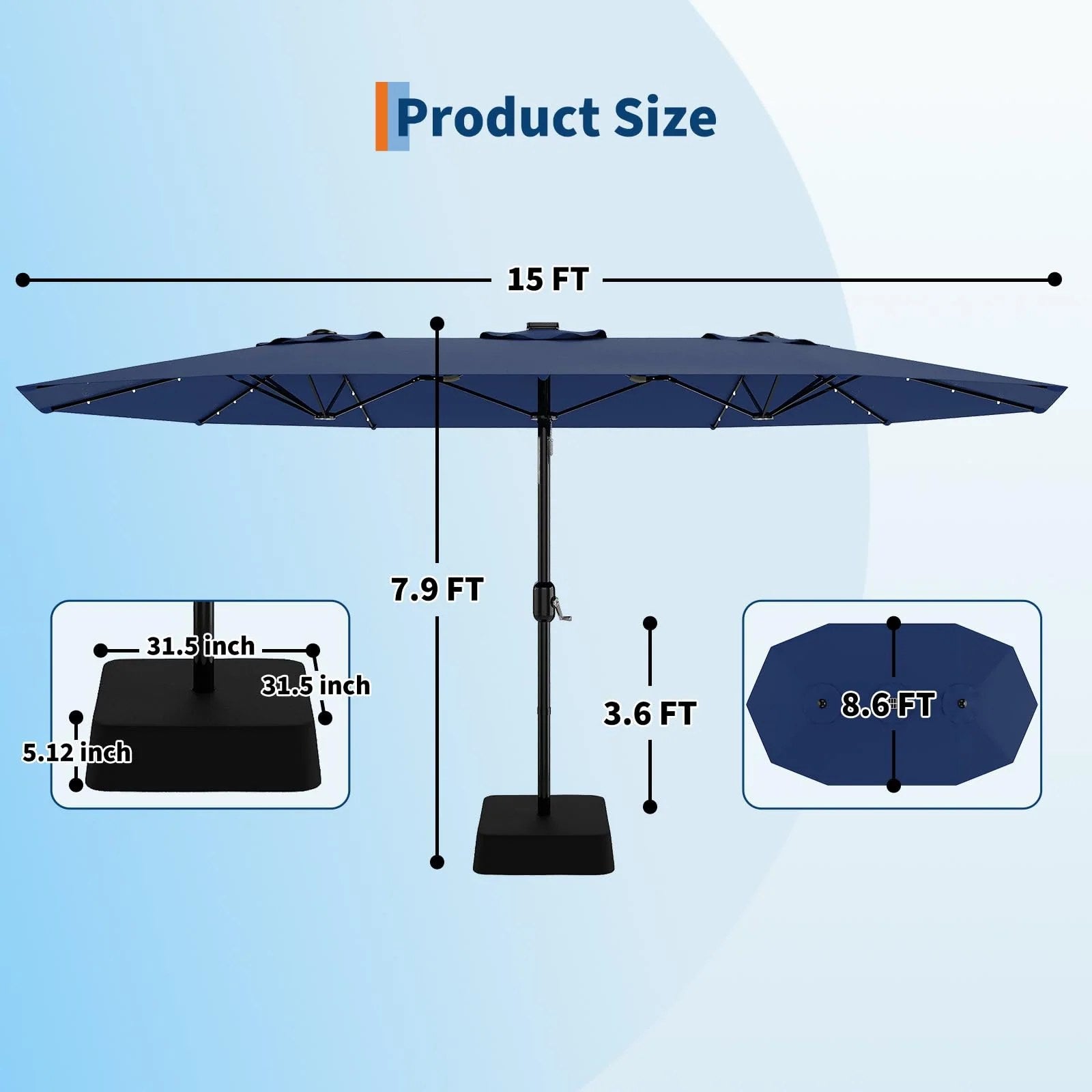Garvee 15FT Double-Sided Patio Umbrella with 36 Solar LED Lights – Heavy-Duty Rectangular Outdoor Market Parasol – Fade-Resistant Canopy – With Base – Perfect for Garden, Pool, Backyard, or Deck – Navy Blue
