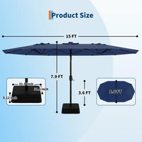 Garvee 15FT Double-Sided Patio Umbrella with 36 Solar LED Lights – Heavy-Duty Rectangular Outdoor Market Parasol – Fade-Resistant Canopy – With Base – Perfect for Garden, Pool, Backyard, or Deck – Navy Blue