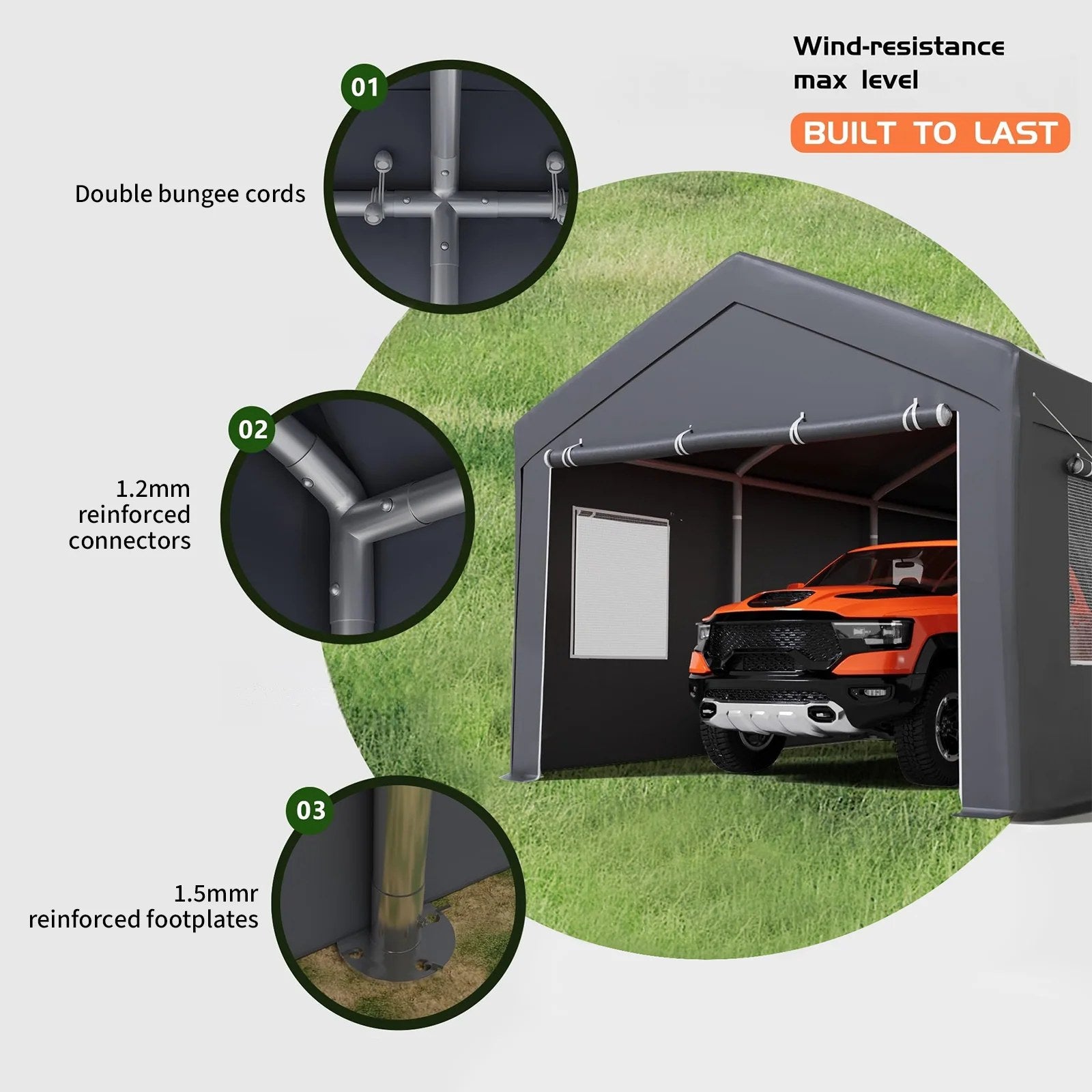 Garage portable Garvee 10x20 pieds avec bâche en PE 200g, portes avant et arrière enroulables, 4 fenêtres, gris - Abri de voiture pour bateaux, camionnettes, événements