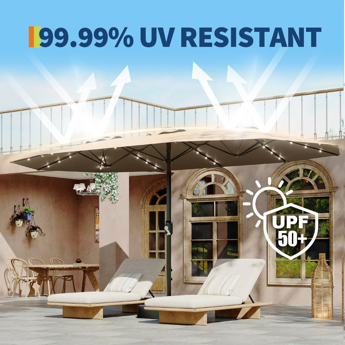 Garvee 15FT Large Patio Umbrella with Base and Solar Lights, Double-Sided Rectangle Oversized Shade for 8-10 People, Tan, 15FT with Base and Lights