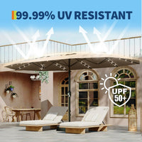Garvee 15FT Large Patio Umbrella with Base and Solar Lights, Double-Sided Rectangle Oversized Shade for 8-10 People, Tan, 15FT with Base and Lights