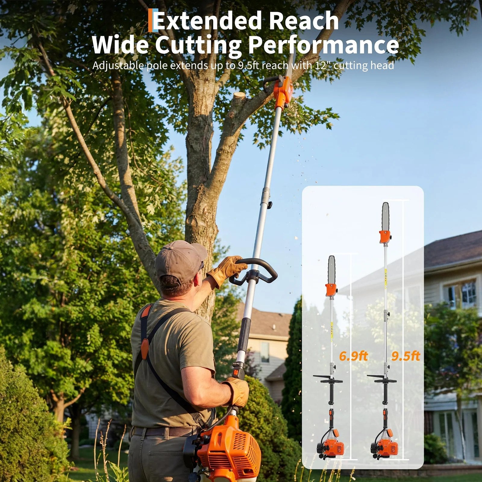 Garvee 43CC Gas Powered Pole Chain Saw, 12 Inch Guide Bar, 9.5FT Extendable Reach, Orange, Anti-Vibration, Auto Oiling