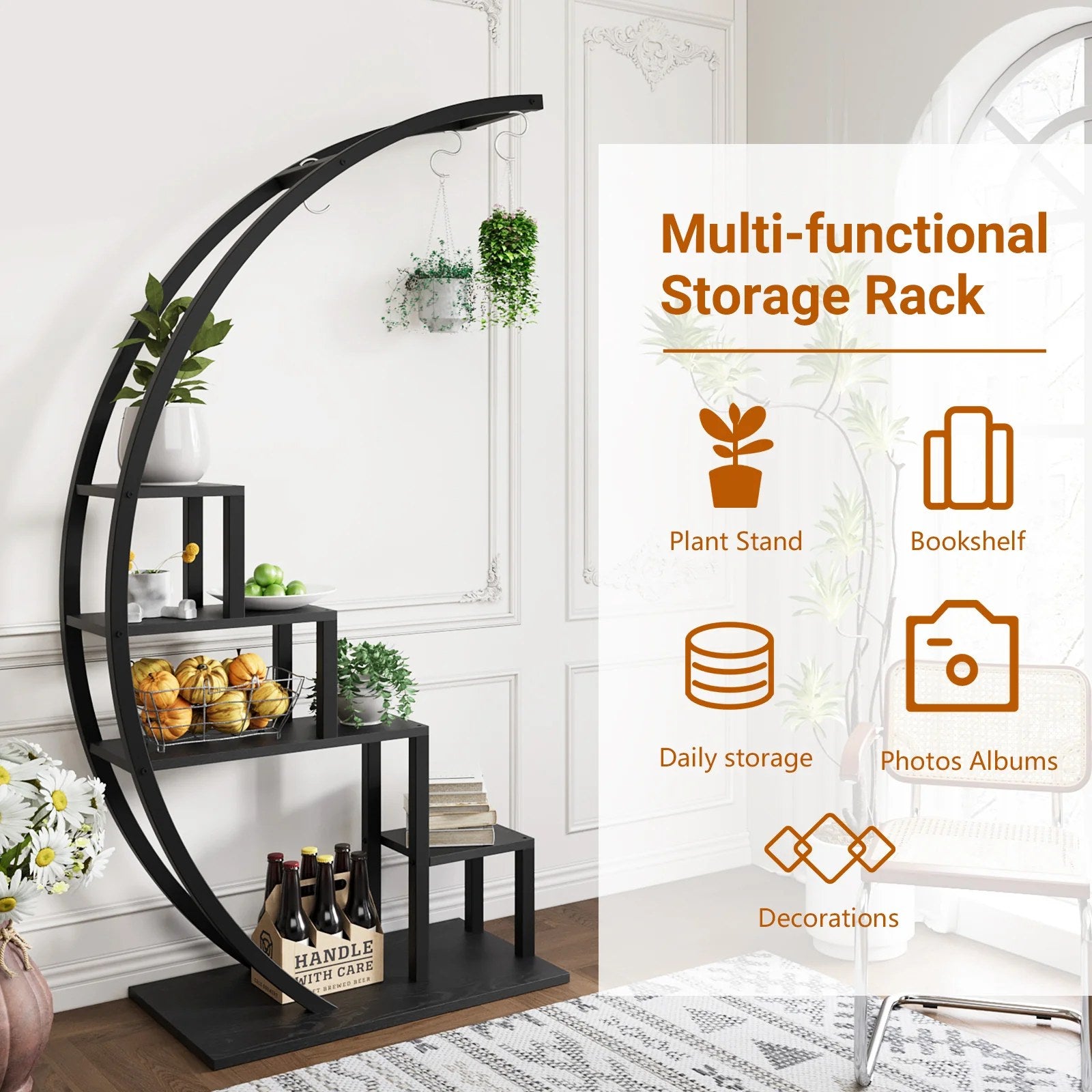 Garvee 5-Tier Curved Metal Plant Stand with 6 Hooks, Elegant Black Balcony & Indoor Flower Pot Display Rack for Plants & Garden Decor