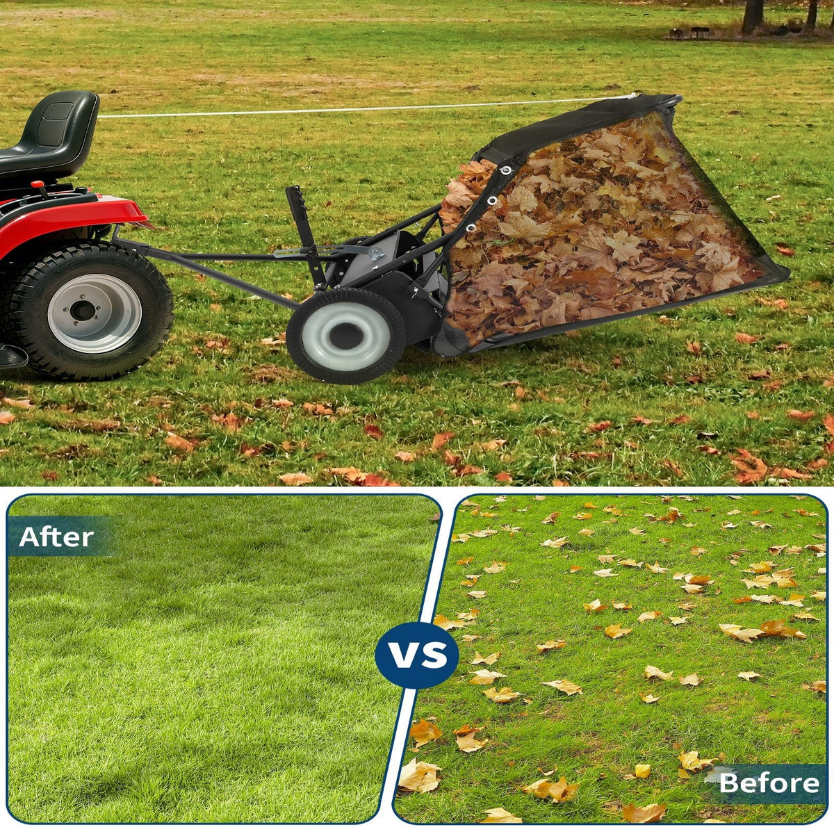 Garvee 42" Tow-Behind Lawn Sweeper, 21 cu ft Hopper, Adjustable Brush Height, Universal Hitch for Lawn Tractor ATV and UTV, Leaf and Grass Collector, Black