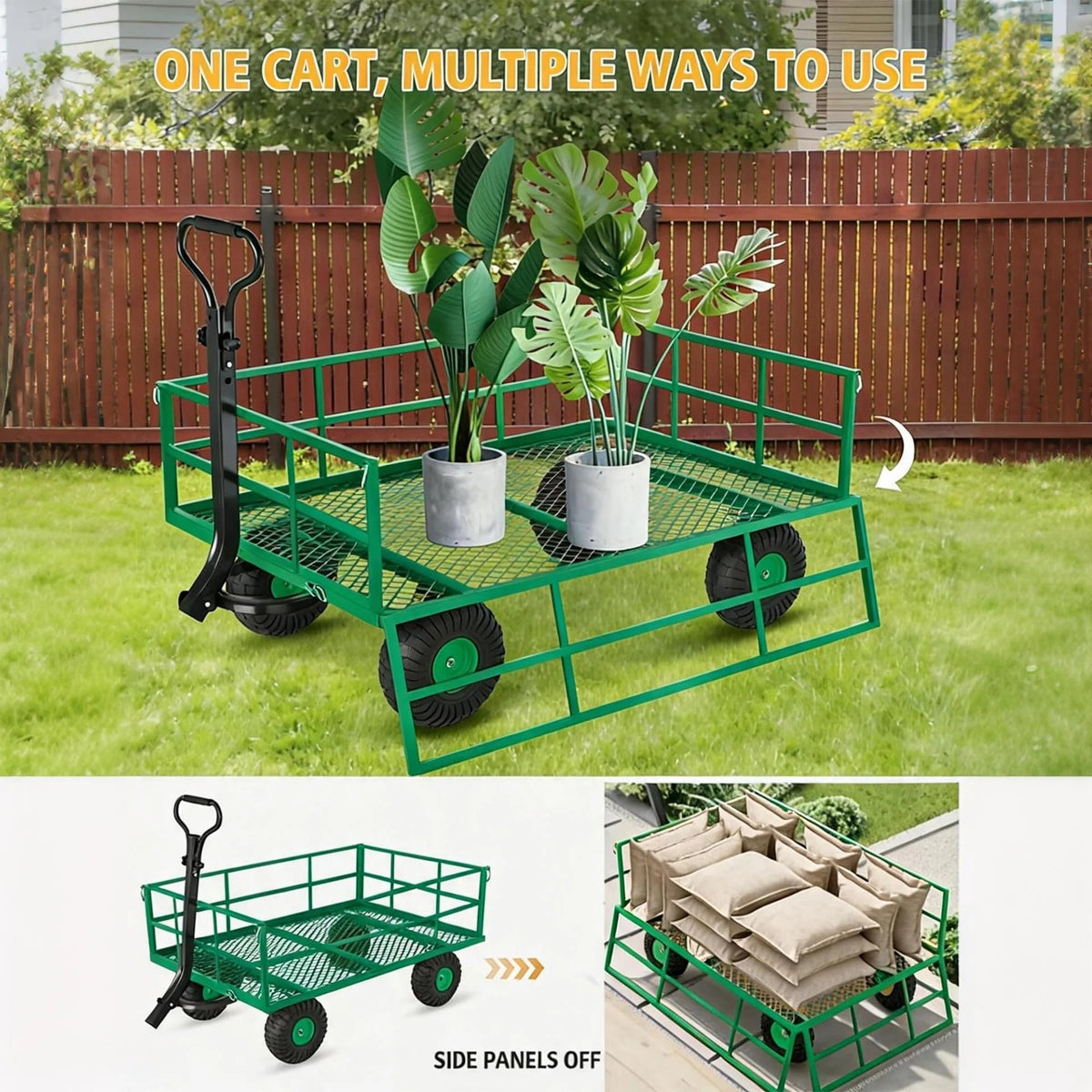 Garvee 500 lb Q235 Steel Garden Cart, Heavy-Duty Utility Wagon with Removable Steel Mesh Bed, Removable Mesh Sides, 2-in-1 Convertible Flatbed, 10" Pneumatic Tires, 180° Rotating Handle, Green, for Yard, Lawn, Farm and Landscaping