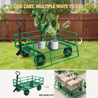 Garvee 500 lb Q235 Steel Garden Cart, Heavy-Duty Utility Wagon with Removable Steel Mesh Bed, Removable Mesh Sides, 2-in-1 Convertible Flatbed, 10" Pneumatic Tires, 180° Rotating Handle, Green, for Yard, Lawn, Farm and Landscaping
