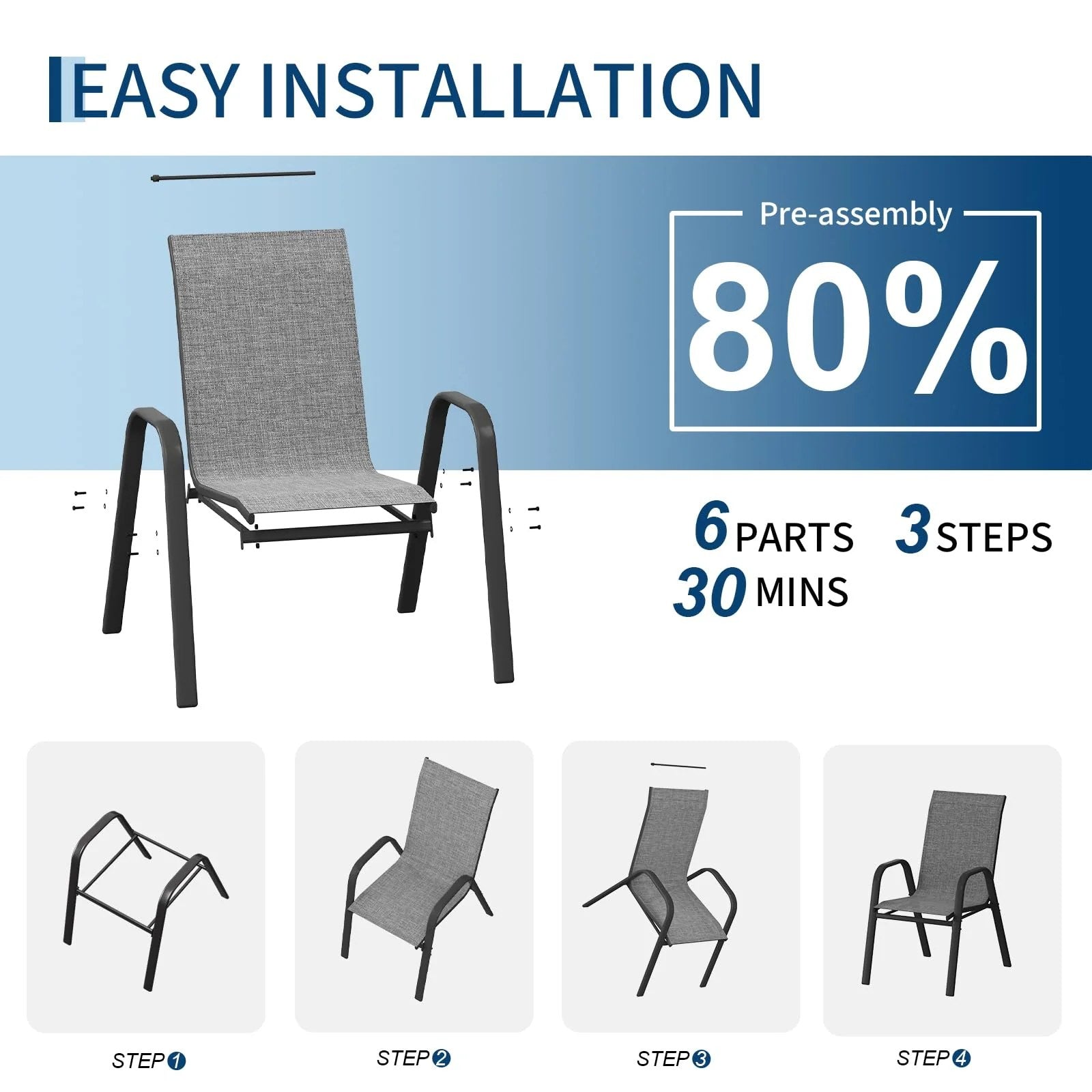 Garvee Patio Chairs Set of 4 Outdoor Stackable Dining Chairs with Textilene Fabric High Back Grey