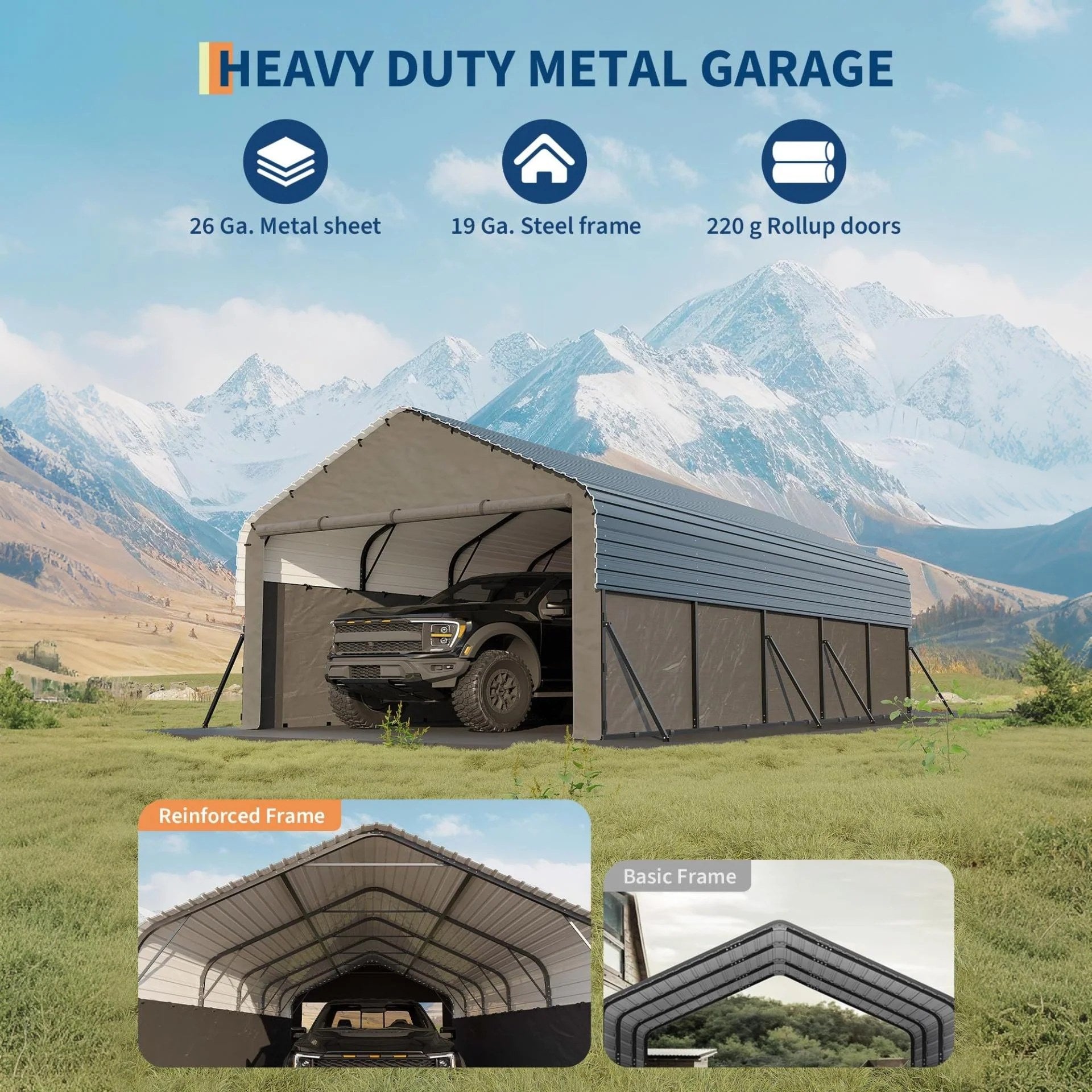 Garvee All-Weather Enclosed Metal Carport – 12'x24'x9' Heavy Duty Steel Frame, 220g Tarp, Outdoor Storage Shelter for Pickup Trucks, Boats, Tractors