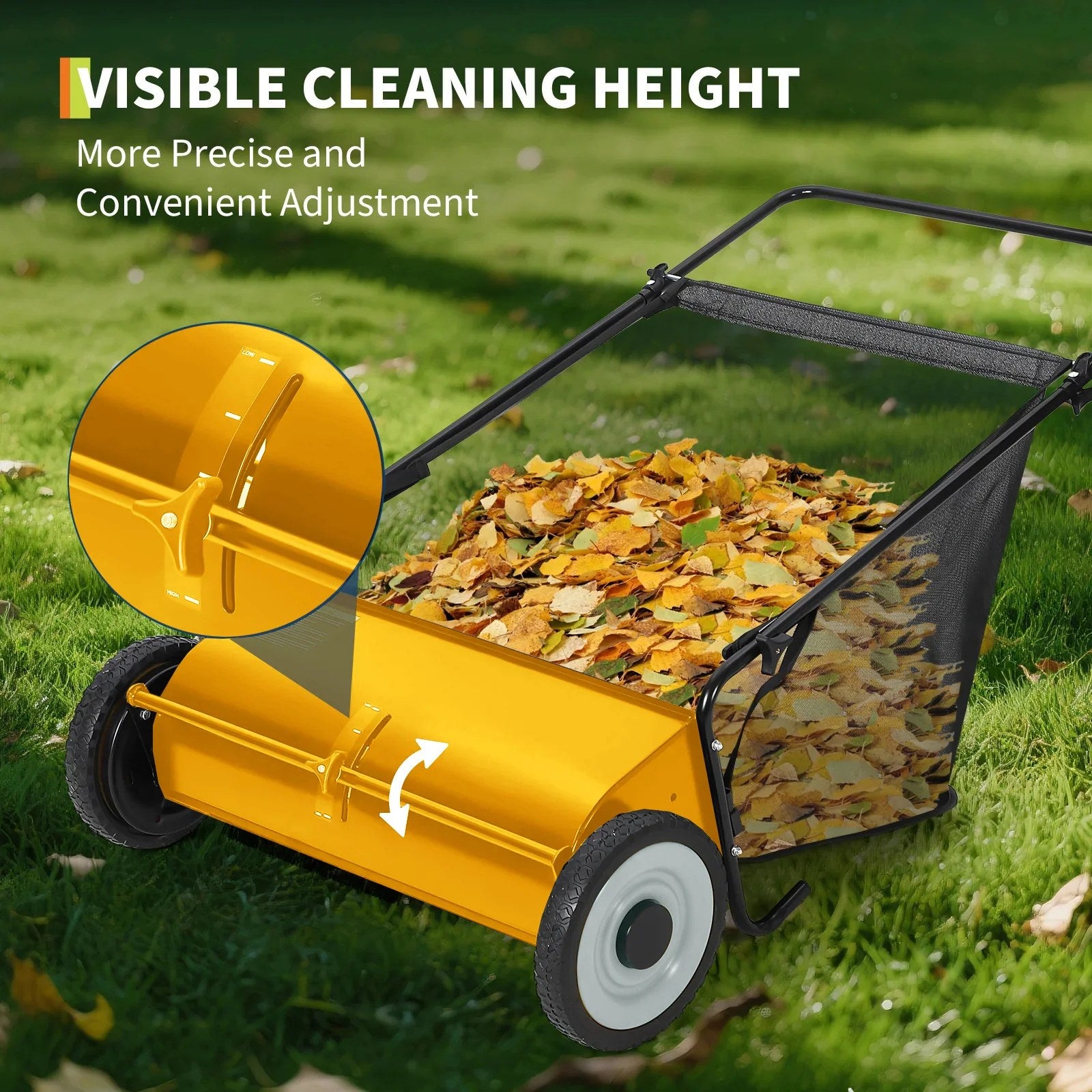 Garvee Push Lawn Sweeper 26-Inch Width 4-Brush System Heavy Duty Steel Frame Yard Garden Cleanup Yellow
