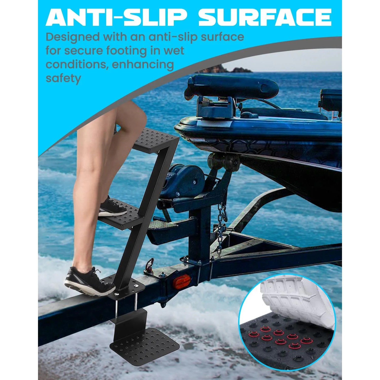 Garvee 2 Step Boat Trailer Steps Heavy Duty With Handle Universal Fit Bass Pontoon Boats Black