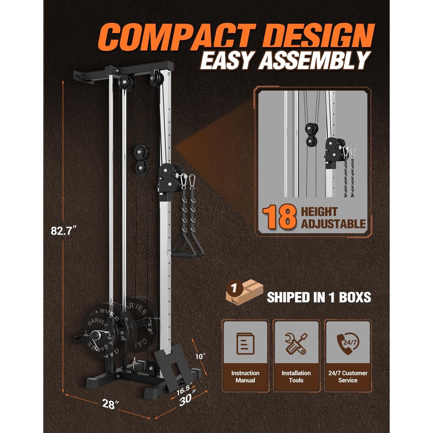 Garvee Wall Mount Cable Machine with 19 Positions Dual Pulley System, Adjustable Footplate for Home Gym, 27.2"x18.1"x81.9", Black