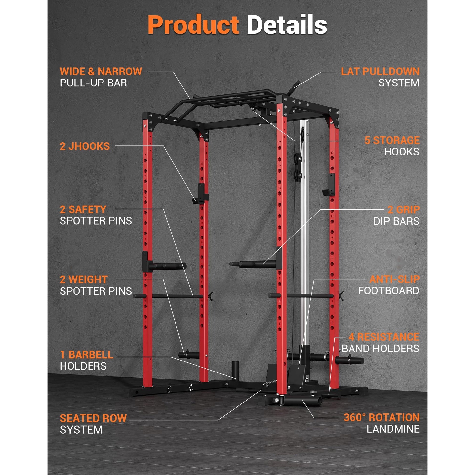 Garvee Power Cage Squat Rack with LAT Pulldown and Low Row for Home Gym, 1200LBS Capacity, Black