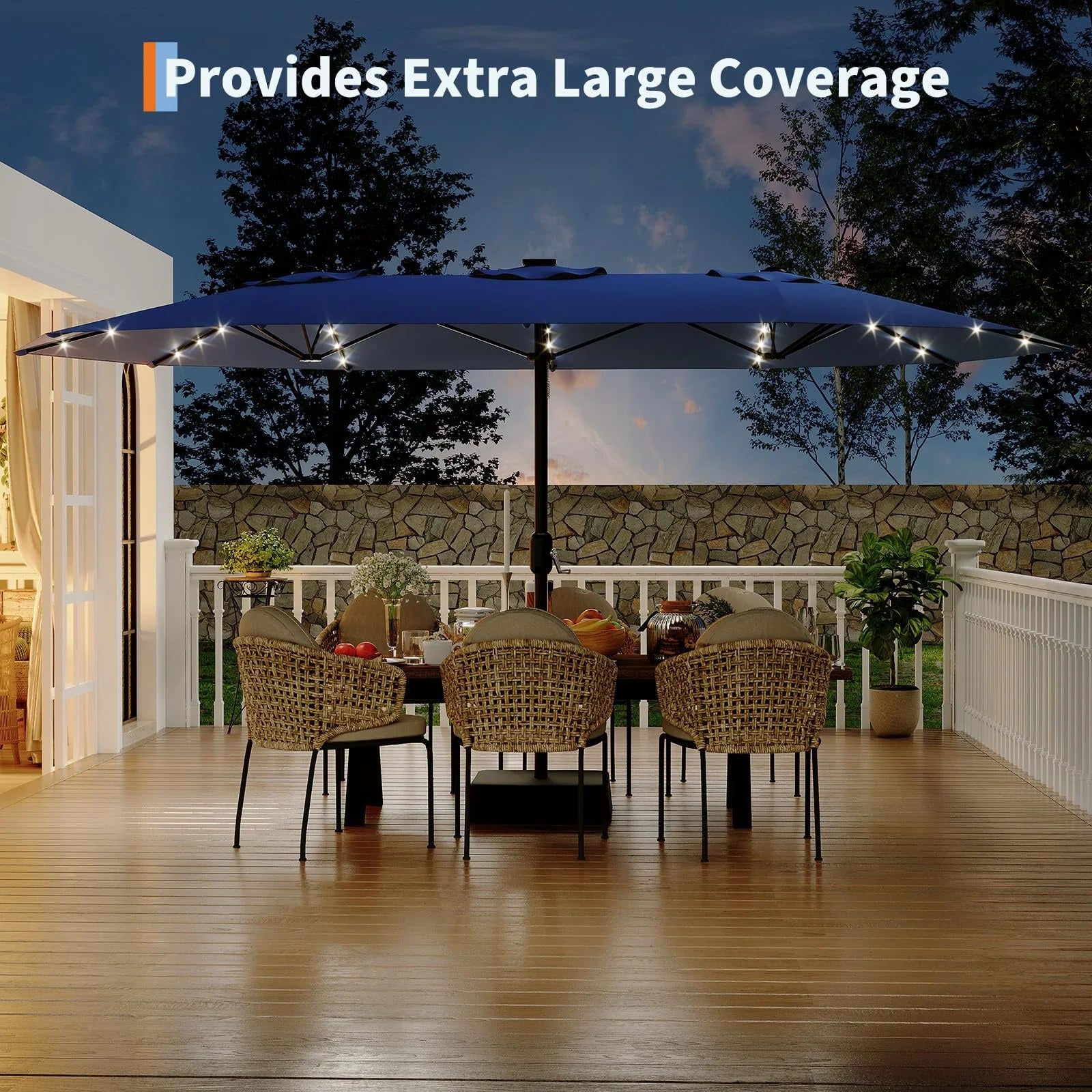 Garvee 15FT Double-Sided Patio Umbrella with 36 Solar LED Lights – Heavy-Duty Rectangular Outdoor Market Parasol – Fade-Resistant Canopy – With Base – Perfect for Garden, Pool, Backyard, or Deck – Navy Blue