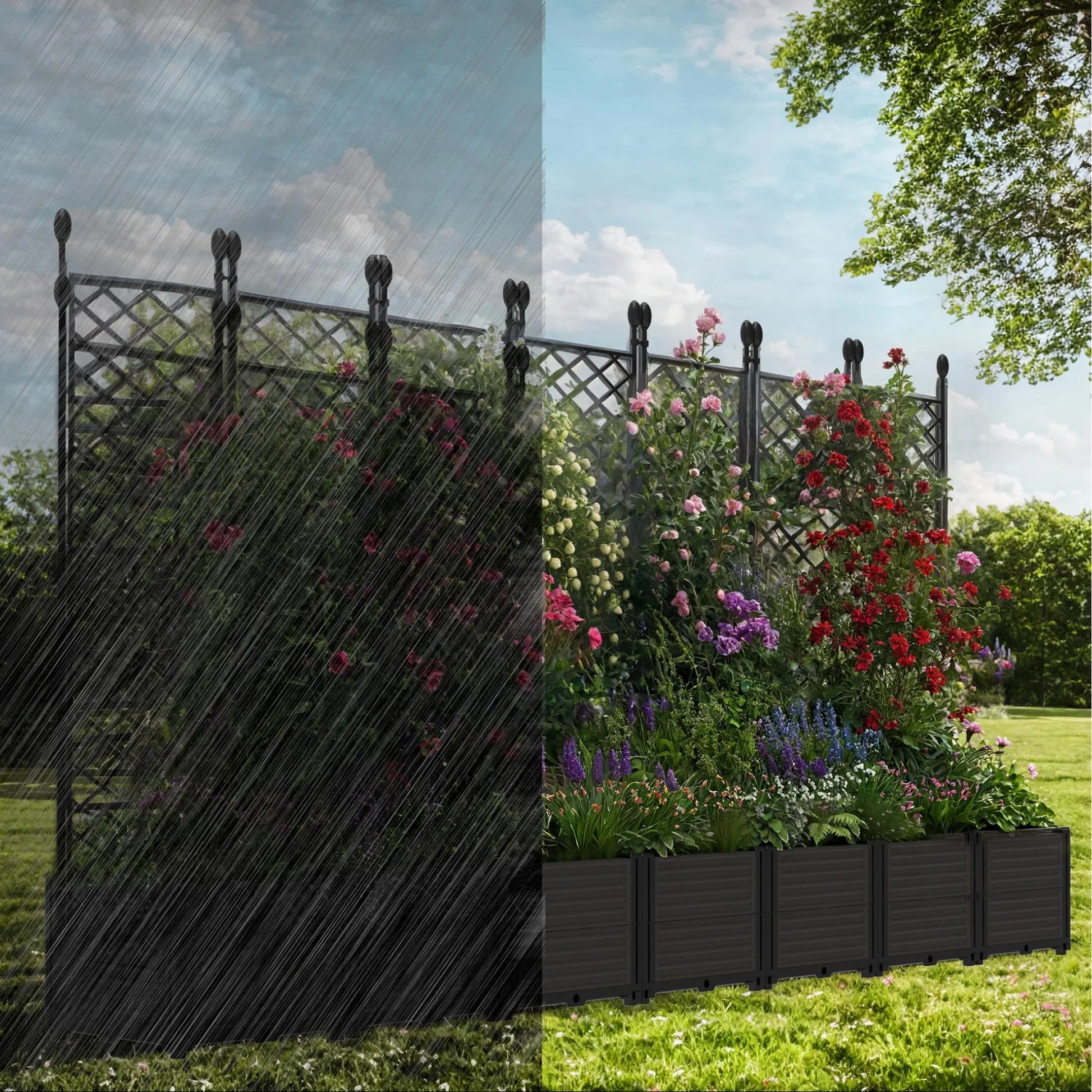 Garvee 7 PCS Plastic Plant With Trellis Raised Garden Bed Outdoor Planter For Patio Balcony Black