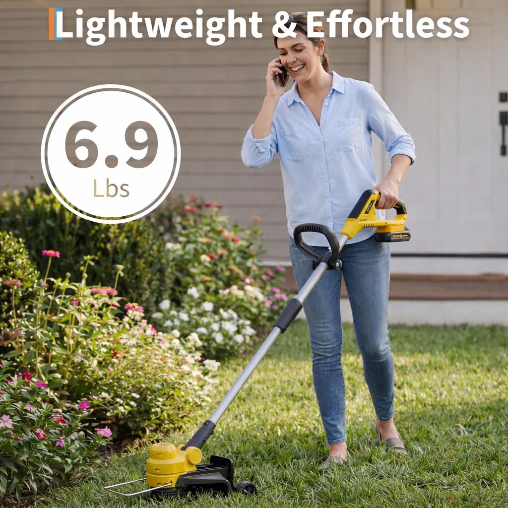 Garvee 20V Grass Trimmer With Dual Lithium Batteries, 8 Cutting Lines, Portable Electric Garden Cutter, Lightweight Design, Yellow