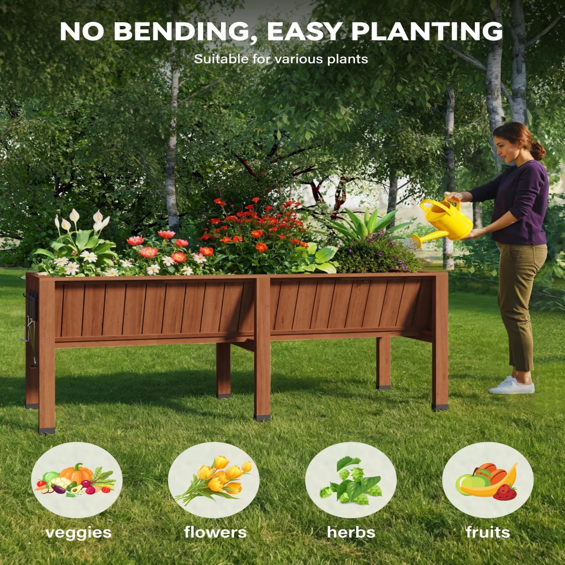 Garvee Deep Wooden Raised Garden Bed with Legs & Hooks – 72x26x31in Planter Box – 13.7" Deep, Elevated for Vegetables, Herbs, Flowers – Detachable Liner, Outdoor Use for Patio, Balcony, Backyard, Oak Color