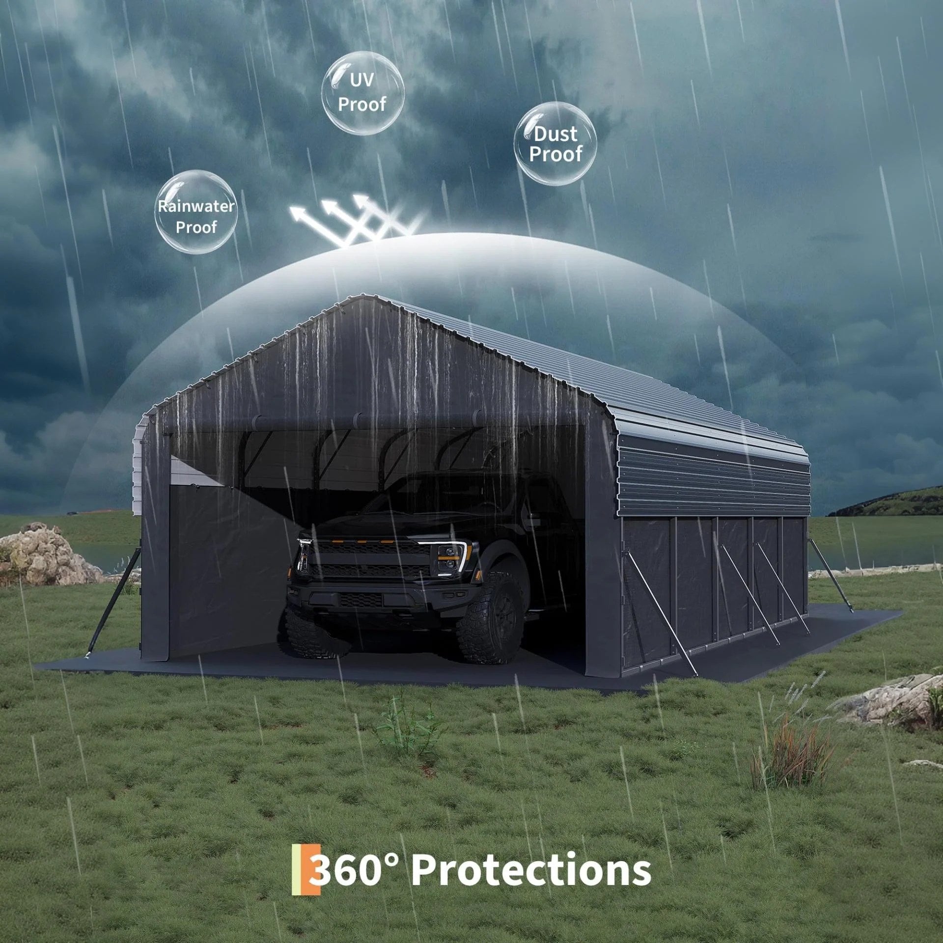Garvee All-Weather Enclosed Metal Carport – 12'x24'x9' Heavy Duty Steel Frame, 220g Tarp, Outdoor Storage Shelter for Pickup Trucks, Boats, Tractors