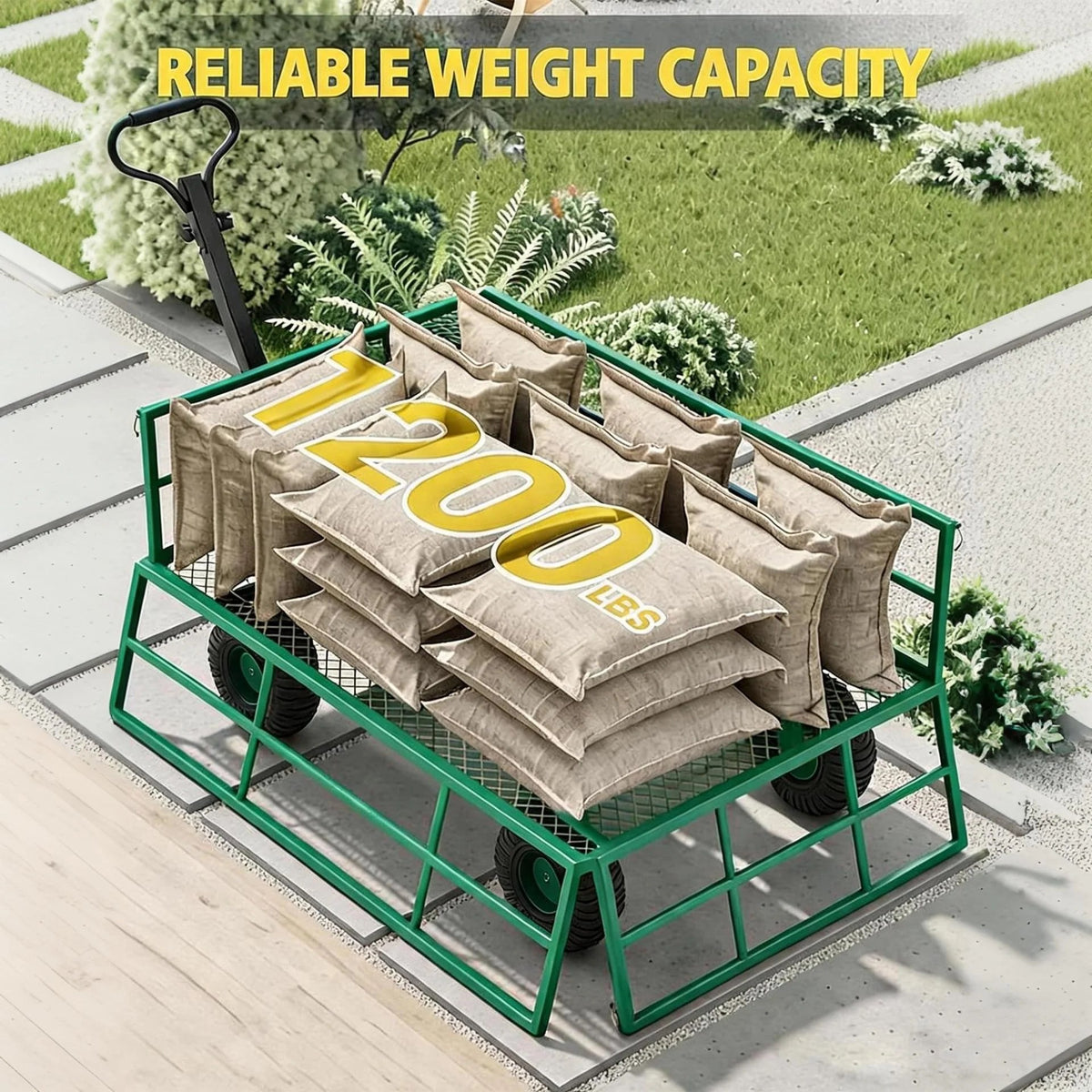 Garvee 500 lb Q235 Steel Garden Cart, Heavy-Duty Utility Wagon with Removable Steel Mesh Bed, Removable Mesh Sides, 2-in-1 Convertible Flatbed, 10" Pneumatic Tires, 180° Rotating Handle, Green, for Yard, Lawn, Farm and Landscaping