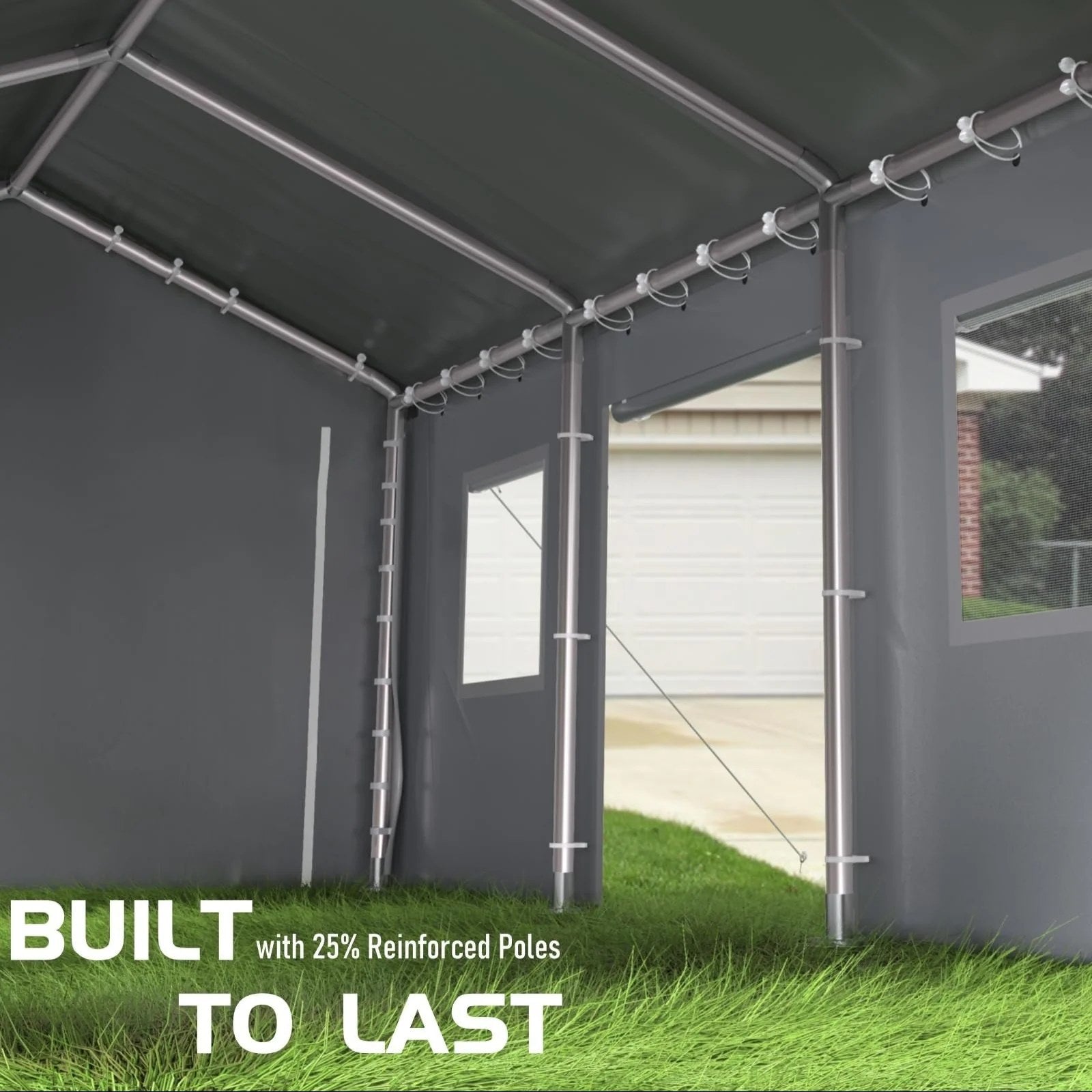 Garage portable Garvee 10x20 pieds avec bâche en PE 200g, portes avant et arrière enroulables, 4 fenêtres, gris - Abri de voiture pour bateaux, camionnettes, événements