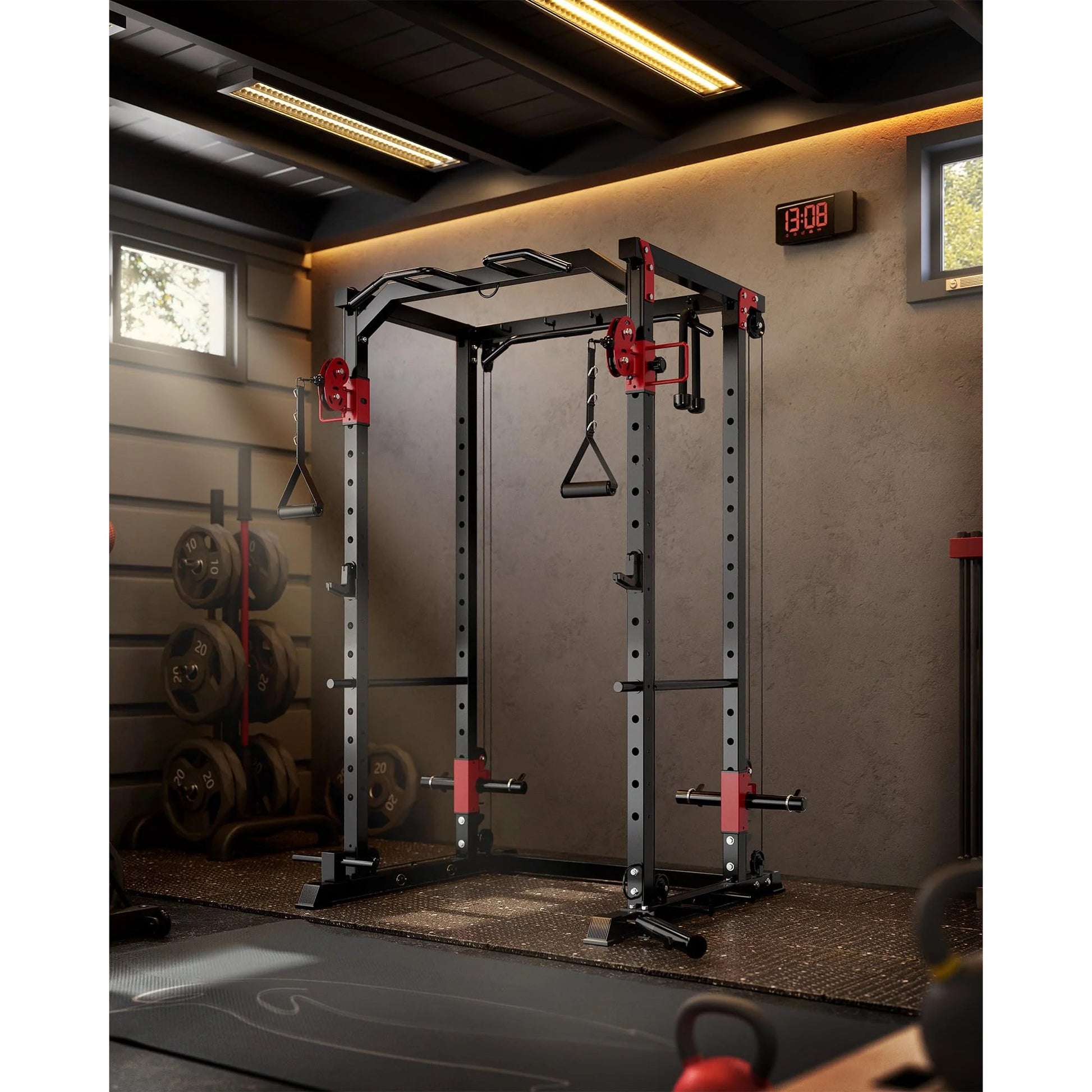 Garvee Power Cage Multi-Functional Power Racks with Dual Pulley Systems for Home Gym 1200 LBS Capacity Red
