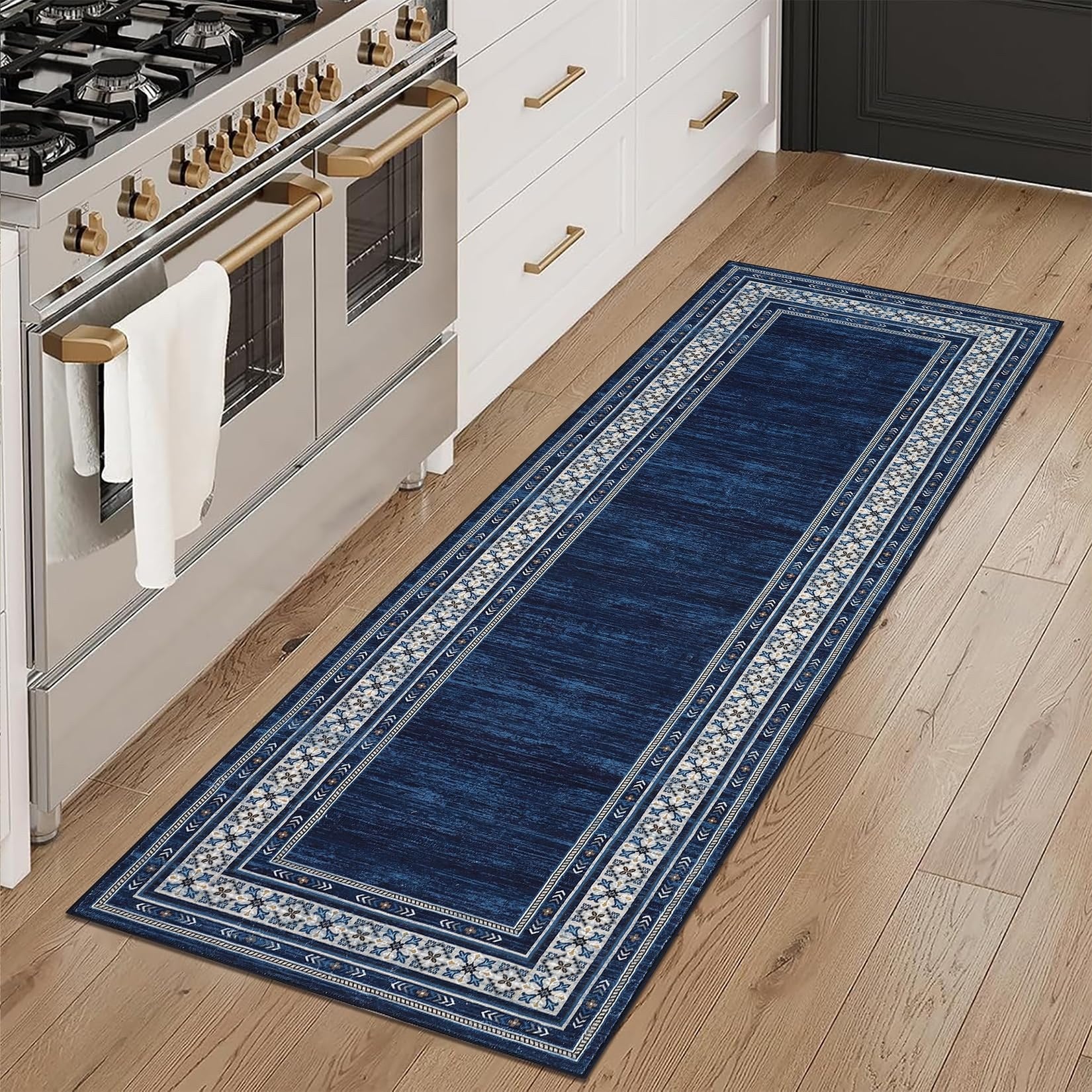 Garvee Tapis de cuisine 2x6 lavable, doux, antidérapant, de couloir, d'intérieur, géométrique moderne bleu