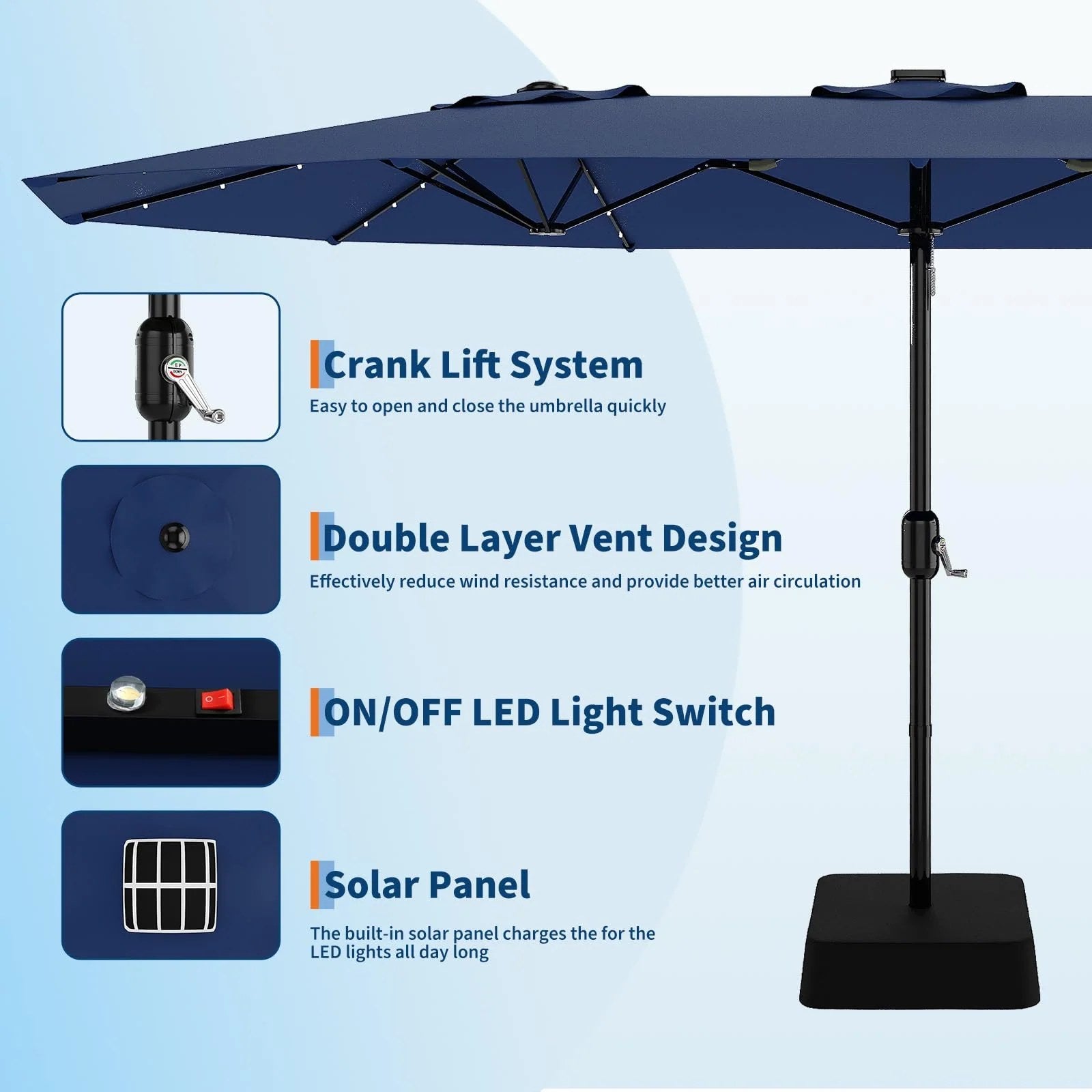 Garvee 15FT Double-Sided Patio Umbrella with 36 Solar LED Lights – Heavy-Duty Rectangular Outdoor Market Parasol – Fade-Resistant Canopy – With Base – Perfect for Garden, Pool, Backyard, or Deck – Navy Blue