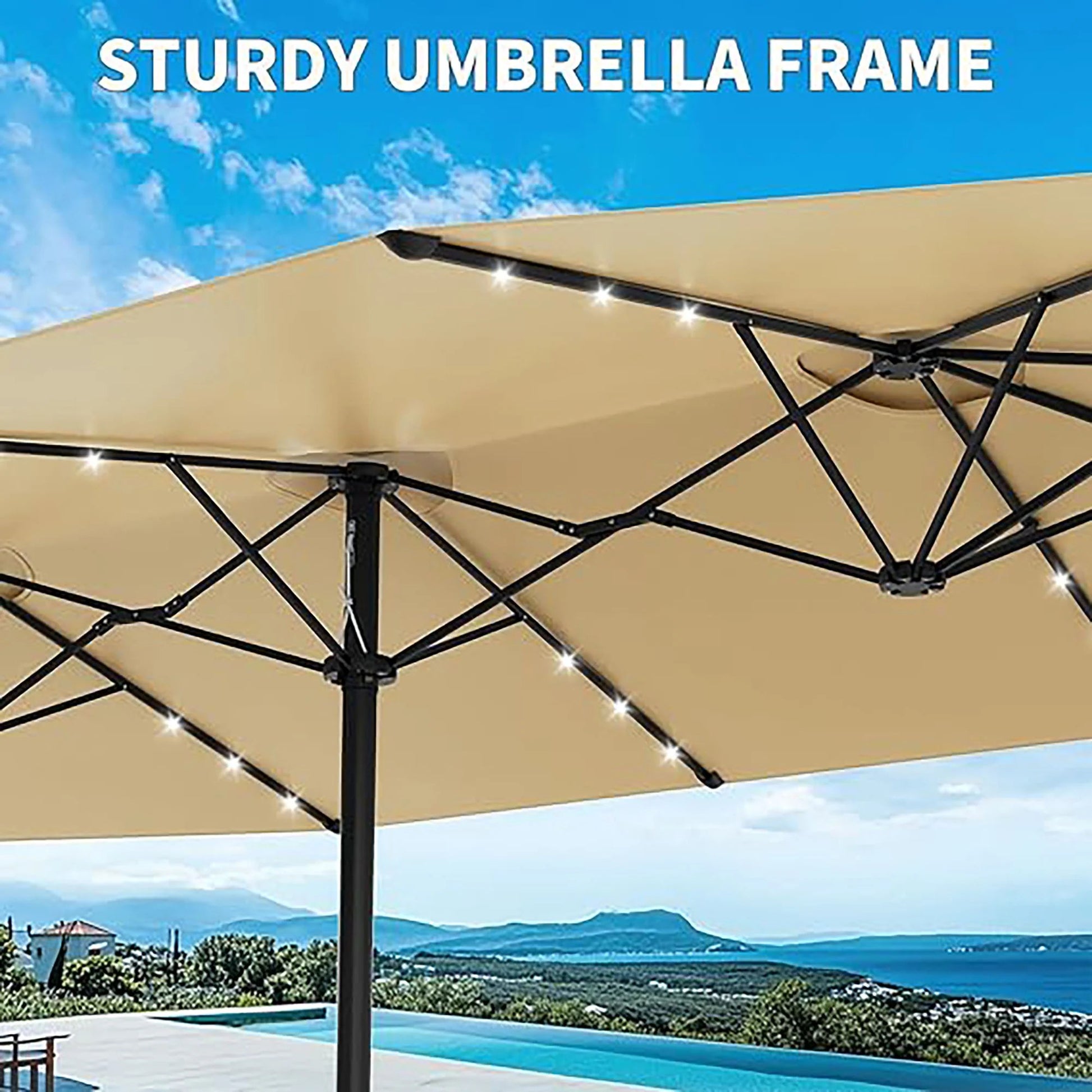 Garvee 15FT Double-Sided Patio Umbrella with 36 Solar-Powered LED Lights – Heavy-Duty Rectangular Outdoor Sun Shade – Fade-Resistant Canopy – With Base – For Pool, Garden, Backyard, Deck – Beige