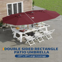 Garvee 15' Solar-Powered Patio Umbrella with 36 LED Lights, Double-Sided Design & Cross Base for Poolside, Deck, Backyard, Wine Red