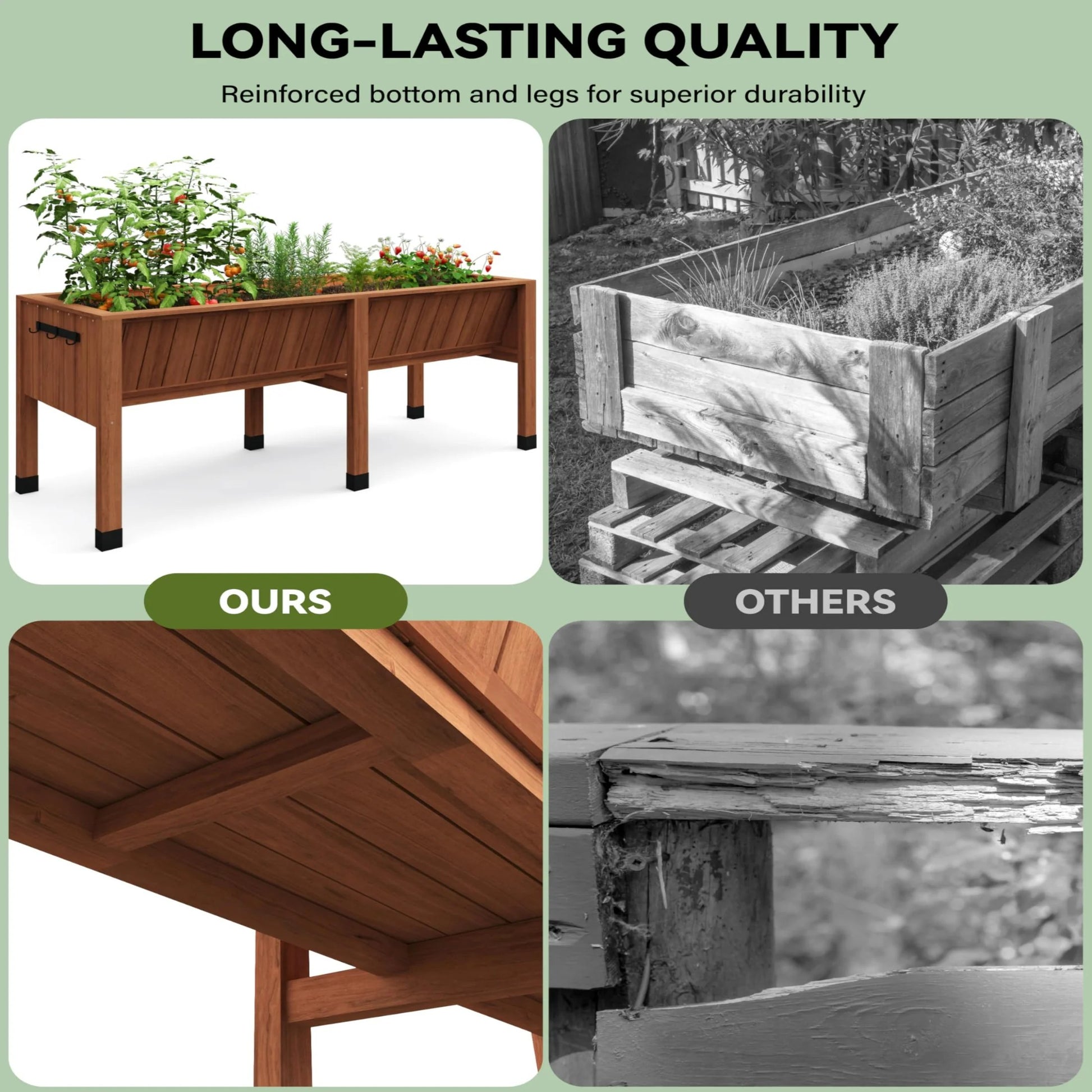 Garvee Deep Wooden Raised Garden Bed with Legs & Hooks – 72x26x31in Planter Box – 13.7" Deep, Elevated for Vegetables, Herbs, Flowers – Detachable Liner, Outdoor Use for Patio, Balcony, Backyard, Oak Color