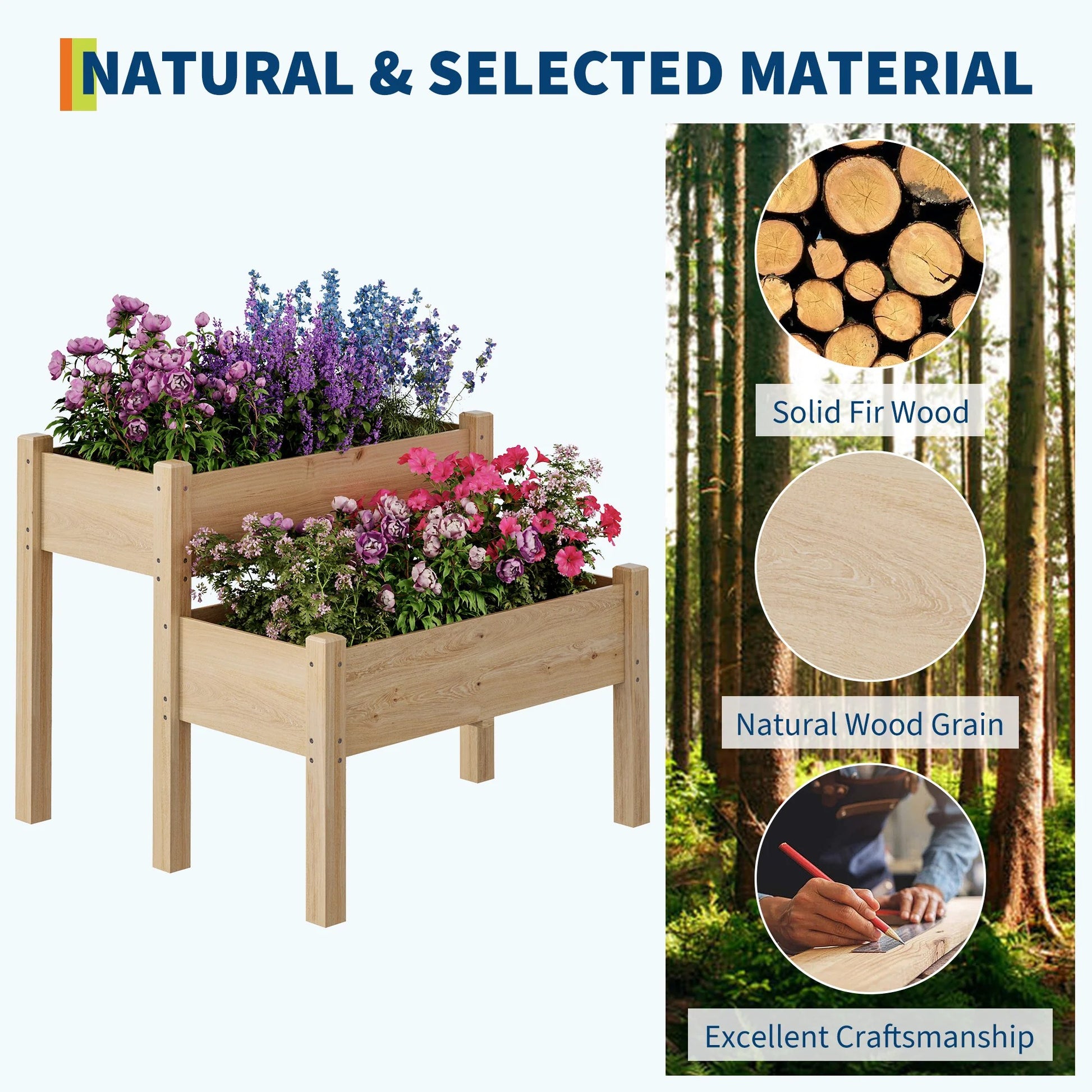 Garvee Jardinière surélevée à 2 niveaux en bois de sapin avec pieds pour jardin, terrasse, balcon, 33"x33"x29" Bois naturel