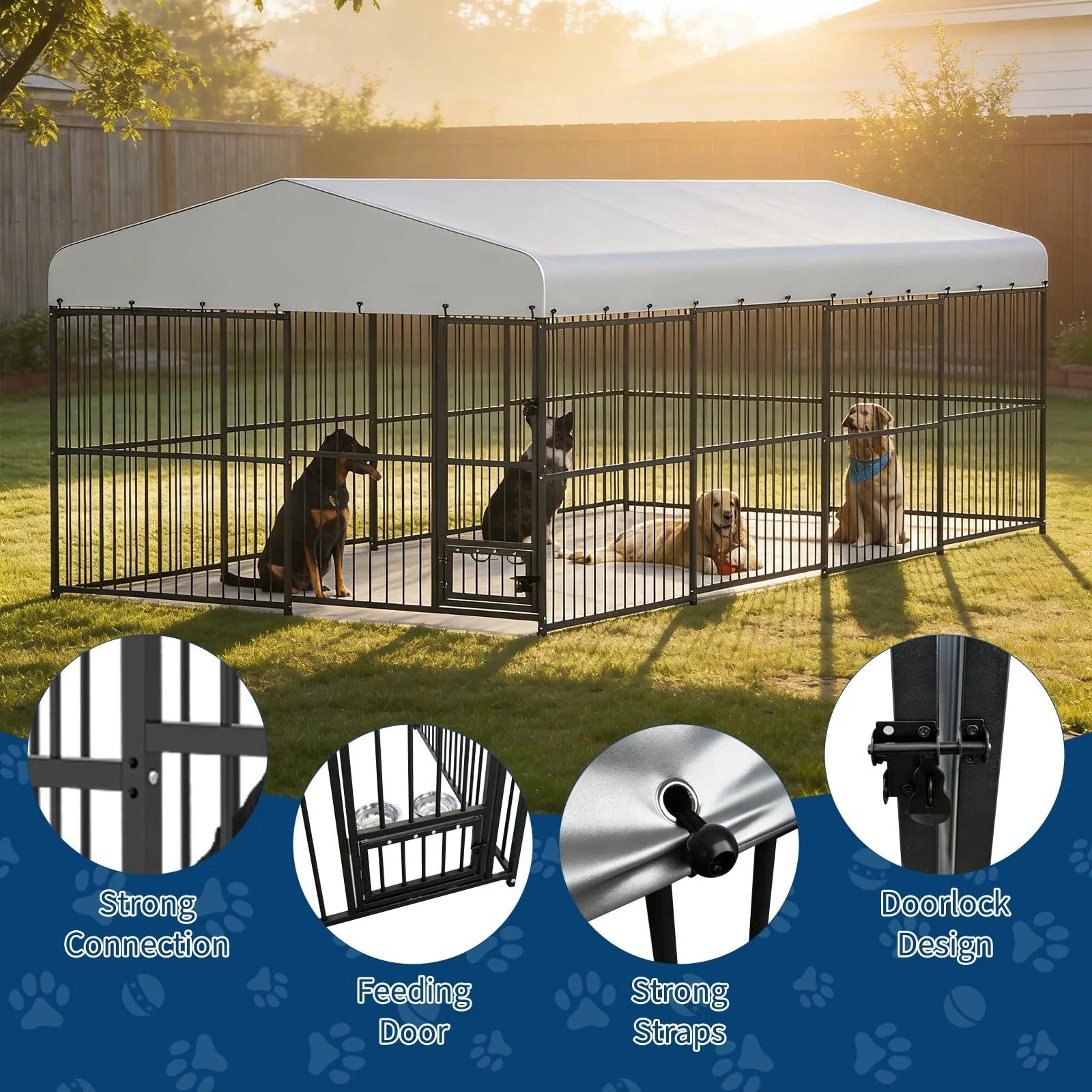 Garvee Outdoor Dog Kennel with Waterproof Canopy Large Dog Enclosures for Garden Backyard Courtyard 10×20×6FT
