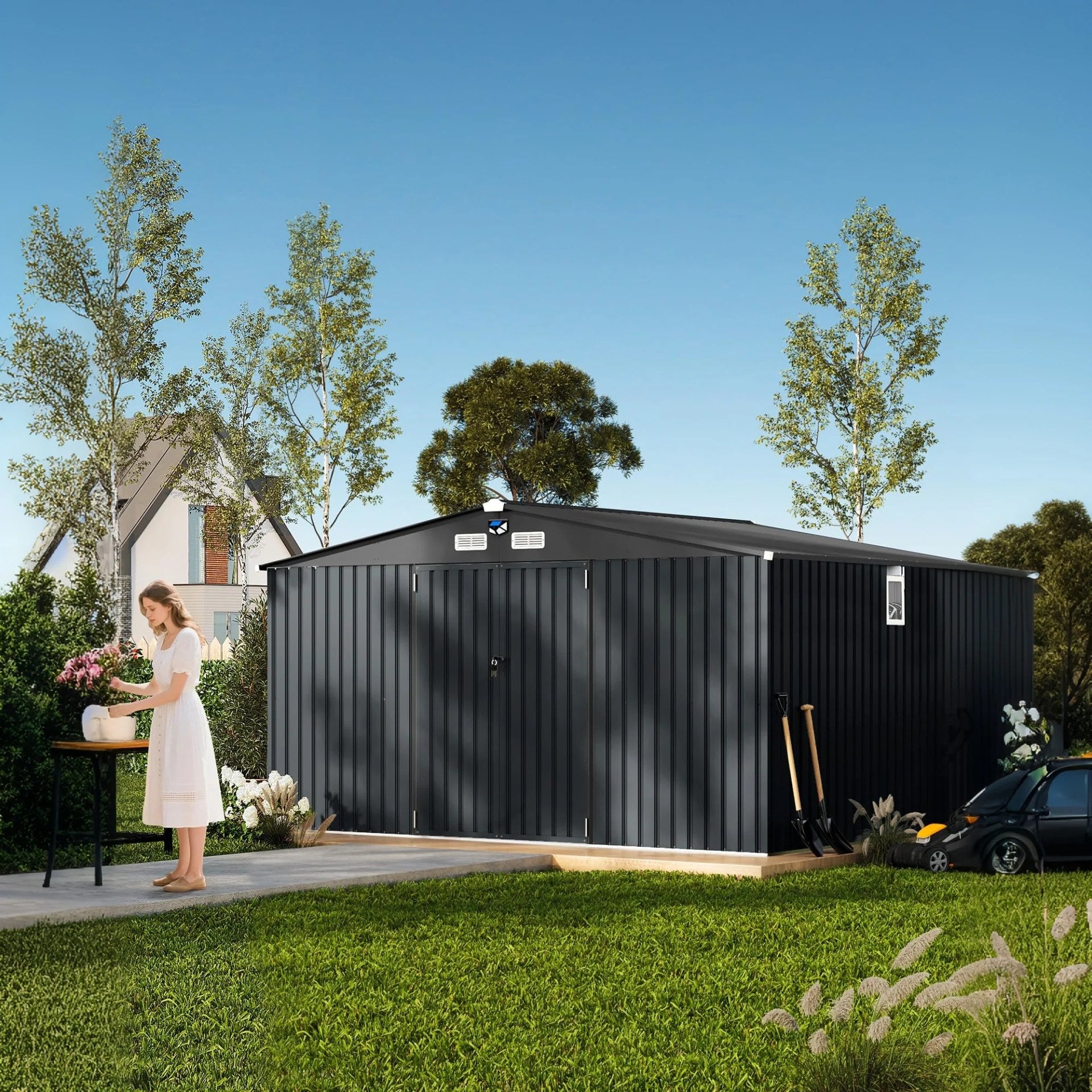 Garvee 10x12 ft Outdoor Storage Shed Metal Garden Tool Shed with Lockable Doors Dark Gray