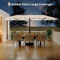 Garvee 15FT Double-Sided Patio Umbrella with 36 Solar-Powered LED Lights – Heavy-Duty Rectangular Outdoor Sun Shade – Fade-Resistant Canopy – With Base – For Pool, Garden, Backyard, Deck – Beige