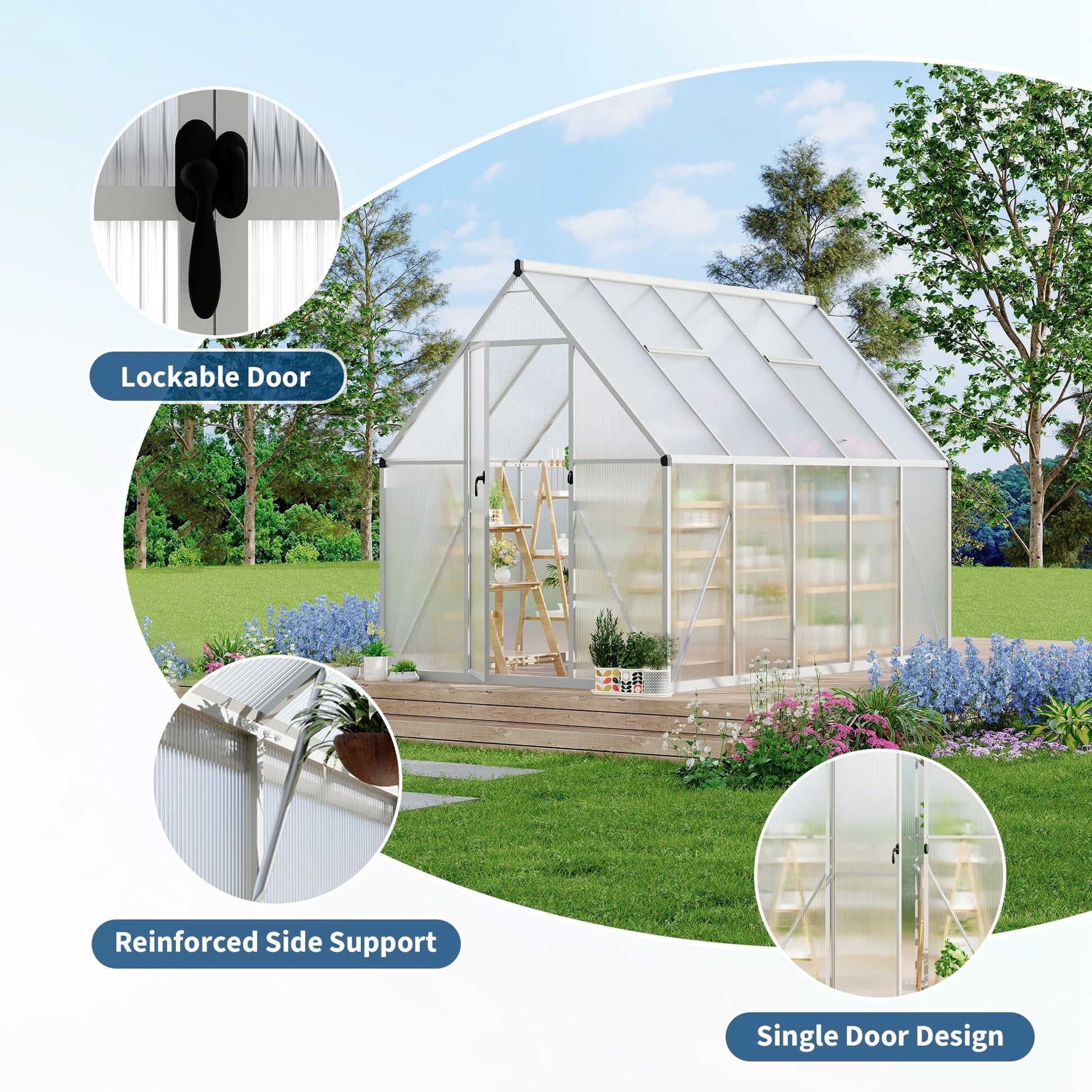 Garvee 6x9 FT Heavy Duty Walk-In Polycarbonate Greenhouse Kit – Outdoor Aluminum Frame – Lockable Door & Roof Vent – Large Backyard Plant Shelter – Silver
