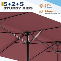Garvee 15' Solar-Powered Patio Umbrella with 36 LED Lights, Double-Sided Design & Cross Base for Poolside, Deck, Backyard, Wine Red