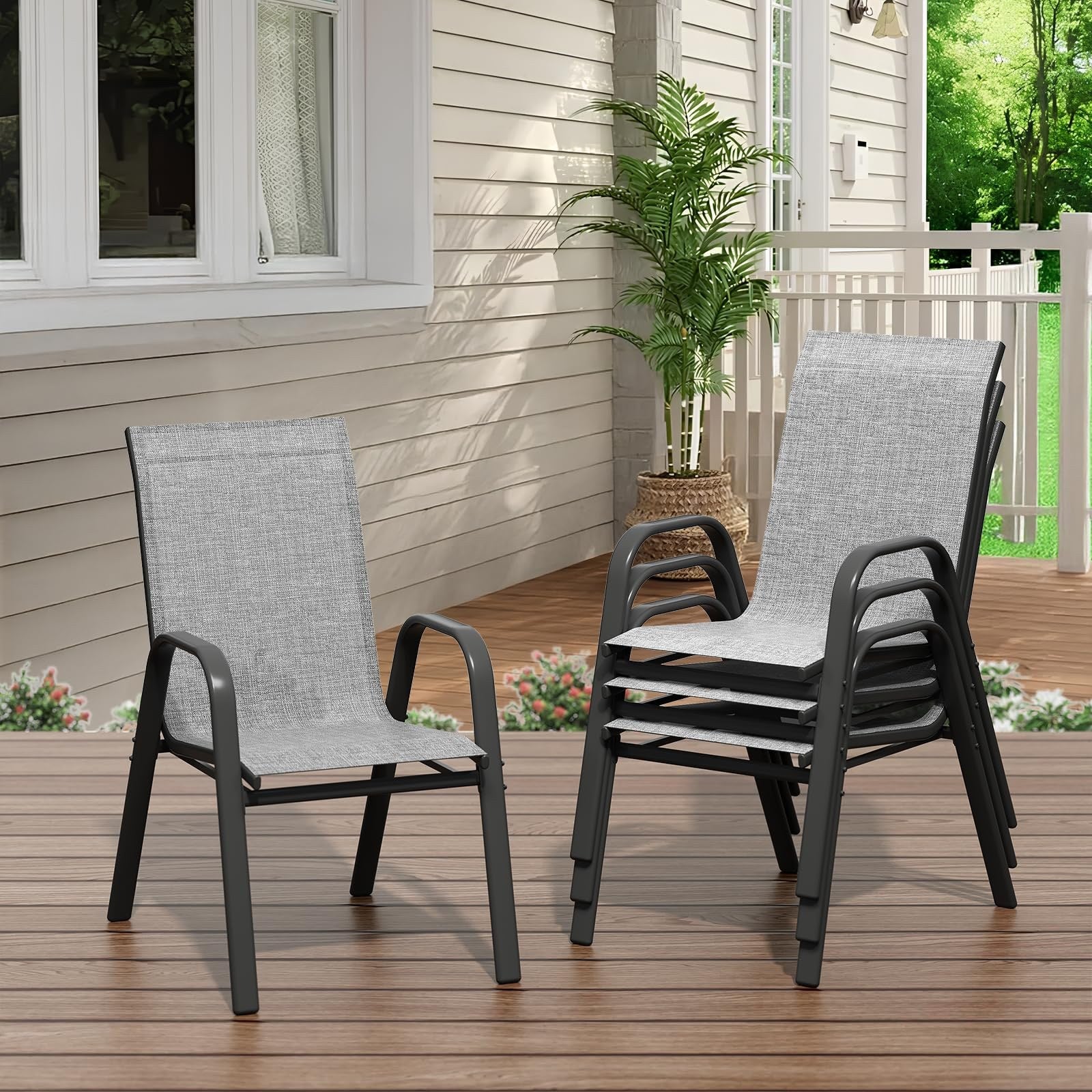 Garvee Patio Chairs Set of 4 Outdoor Stackable Dining Chairs with Textilene Fabric High Back Grey