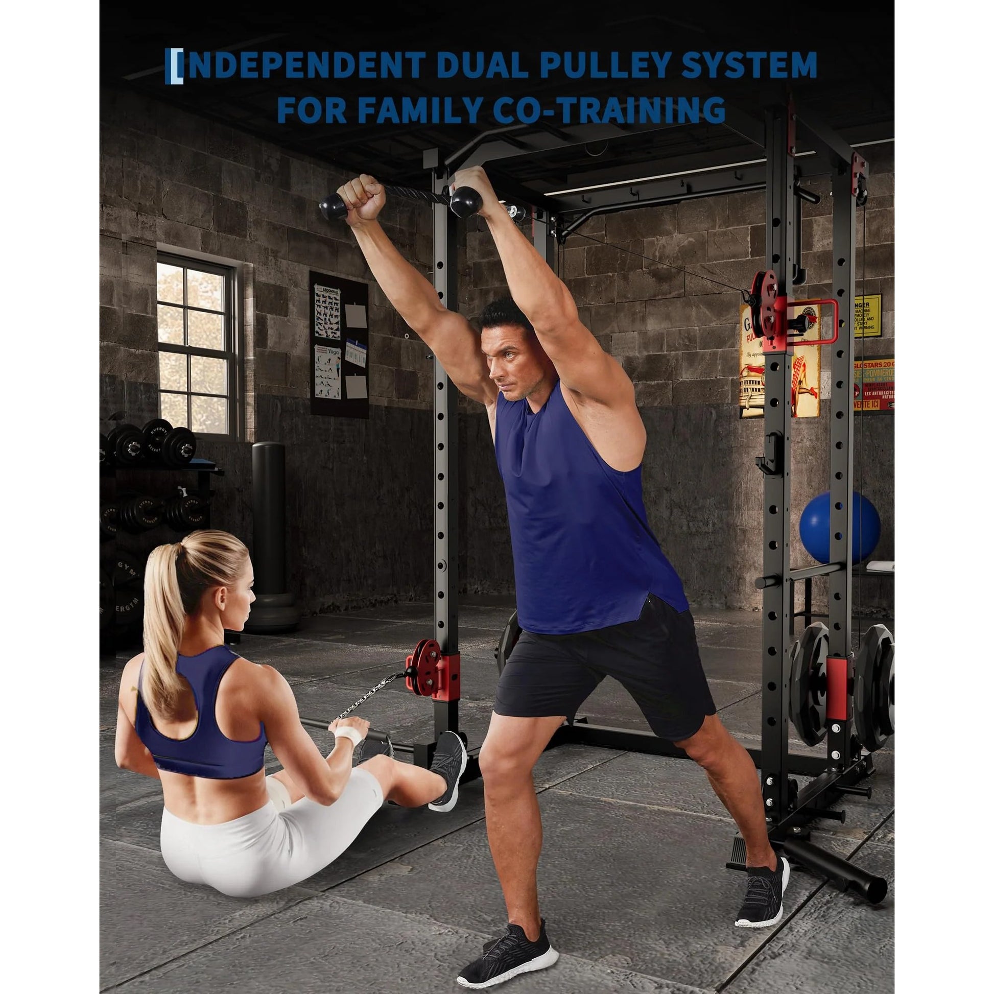 Garvee Power Cage Multi-Functional Power Racks with Dual Pulley Systems for Home Gym 1200 LBS Capacity Red