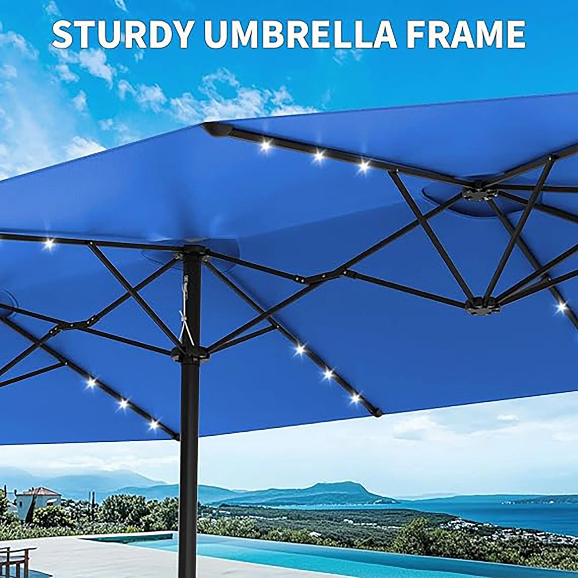 Garvee 15FT Double-Sided Patio Umbrella with 36 Solar LED Lights – Heavy-Duty Rectangular Outdoor Market Parasol – Fade-Resistant Canopy – With Base – Perfect for Garden, Pool, Backyard, or Deck – Navy Blue