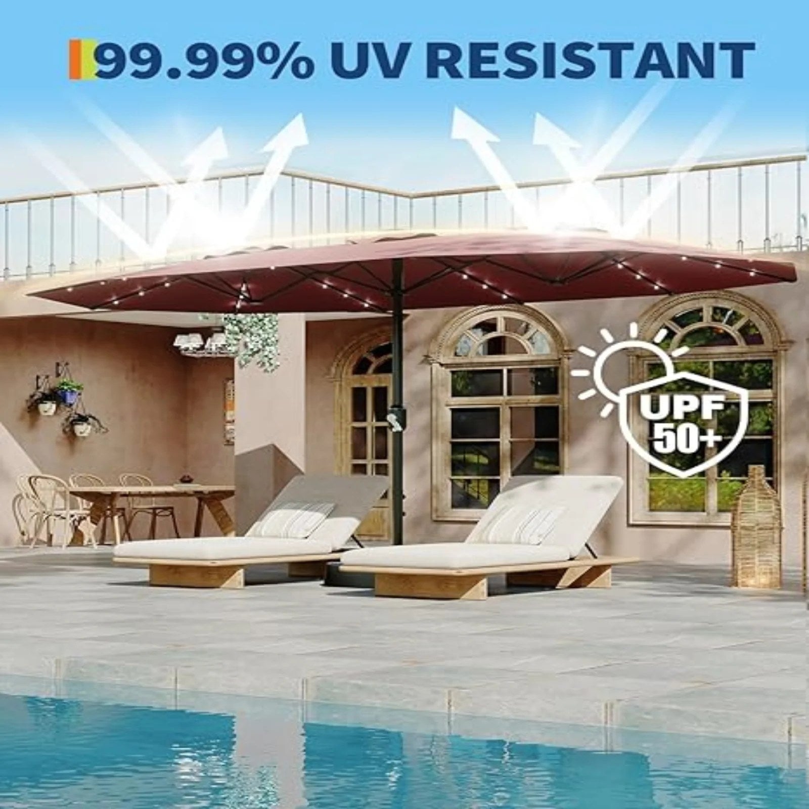 Garvee 15' Solar-Powered Patio Umbrella with 36 LED Lights, Double-Sided Design & Cross Base for Poolside, Deck, Backyard, Wine Red