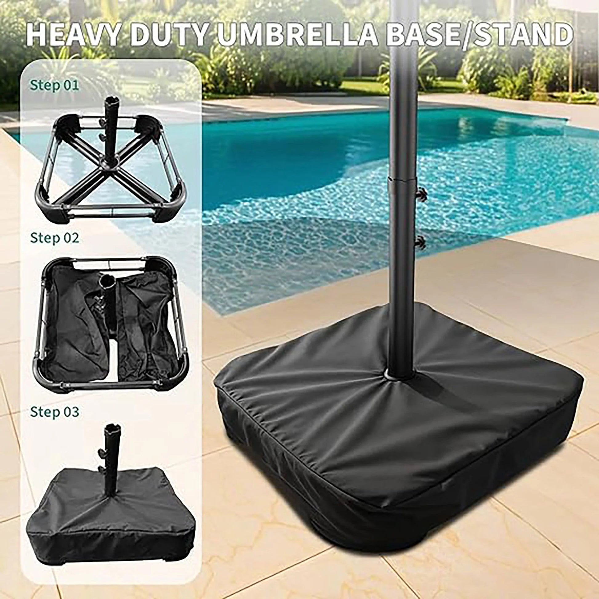 Garvee 15FT Double-Sided Patio Umbrella with 36 Solar LED Lights – Heavy-Duty Rectangular Outdoor Market Parasol – Fade-Resistant Canopy – With Base – Perfect for Garden, Pool, Backyard, or Deck – Navy Blue
