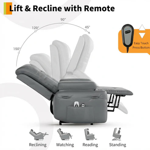 Garvee Power Lift Recliner Chair - Heat and Massage, Adjustable Back and Legs, PU Leather Electric Lift Chair Designed for Mobility Aid Elderly Relaxation, Grey