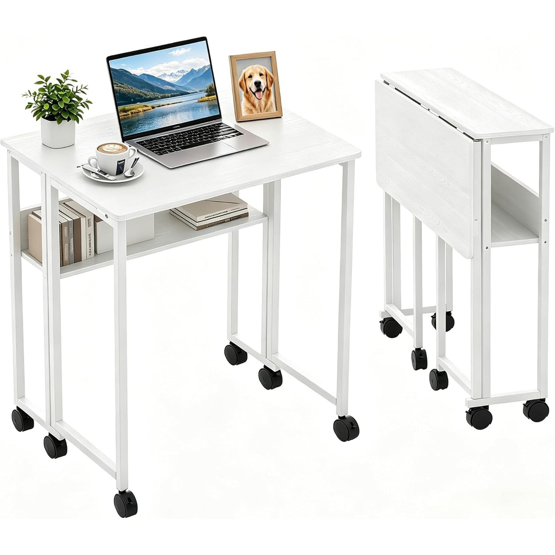 Garvee Folding Desk Small Rolling Desk with Storage Shelf for Home Office Study 24.8 Inch White Space-Saving Foldable