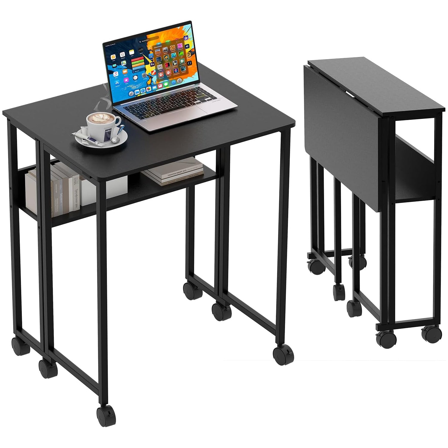 Garvee Folding Desk Small Rolling Desk with Storage Shelf for Home Office and Study, 24.8 Inch, Black, Space-Saving Foldable Computer Table