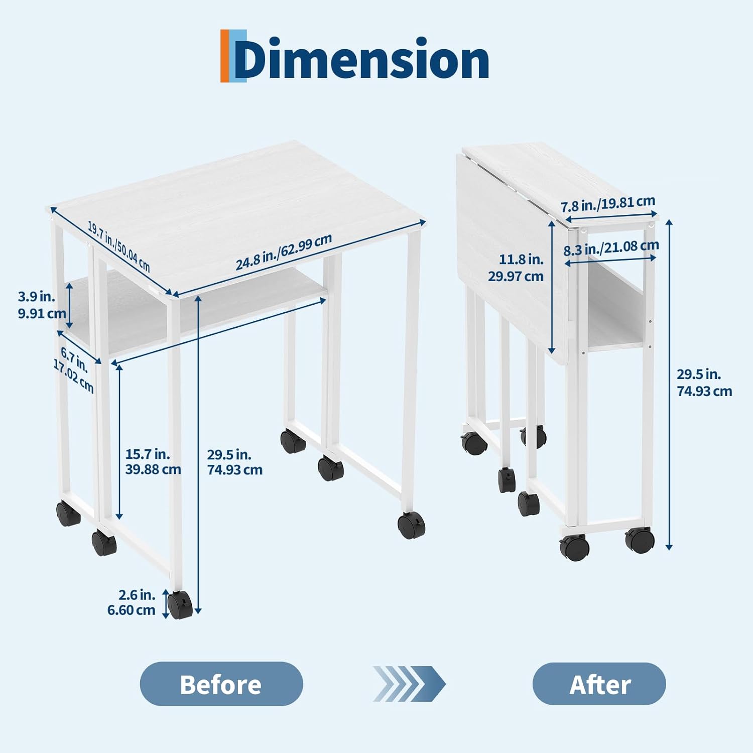 Garvee Folding Desk Small Rolling Desk with Storage Shelf for Home Office Study 24.8 Inch White Space-Saving Foldable