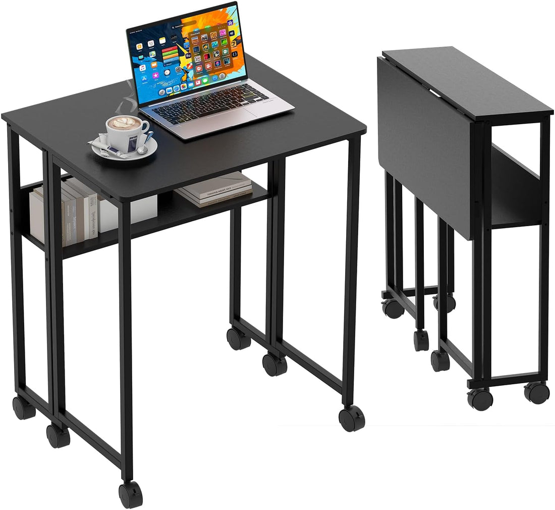 Garvee Folding Desk Small Rolling Desk with Storage Shelf for Home Office and Study, 24.8 Inch, Black, Space-Saving Foldable Computer Table